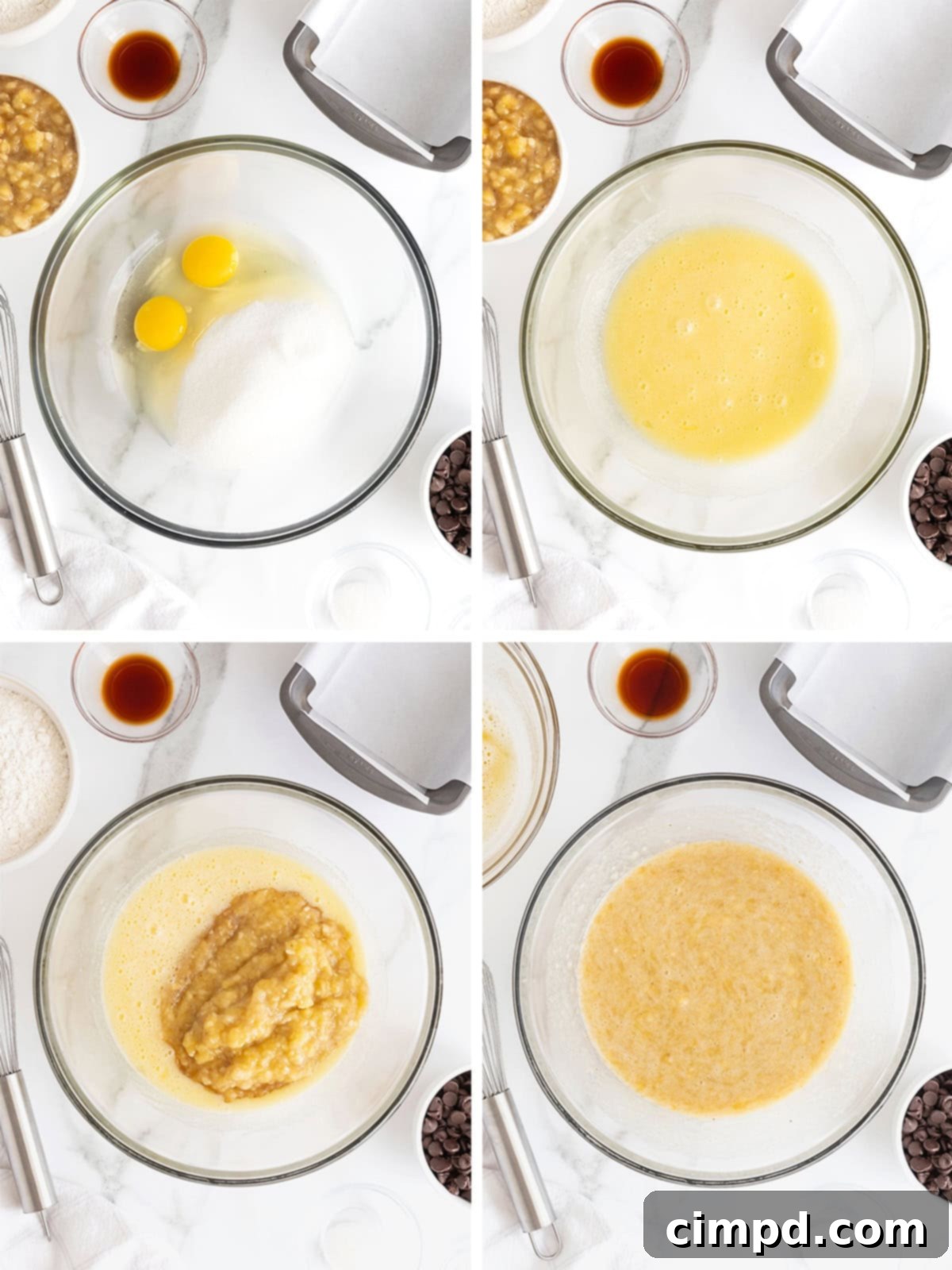 Steps to make browned butter chocolate chip banana bread.