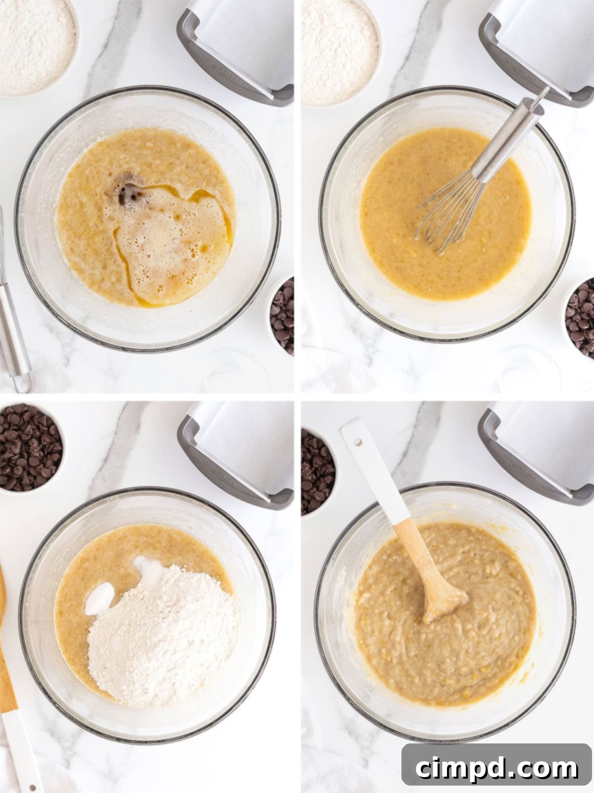 Steps to make brown butter chocolate chip banana bread.