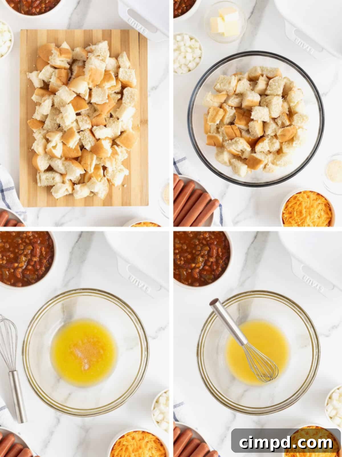 First few steps to make chili cheese dog casserole: cut buns, melt butter, toss buns in butter.