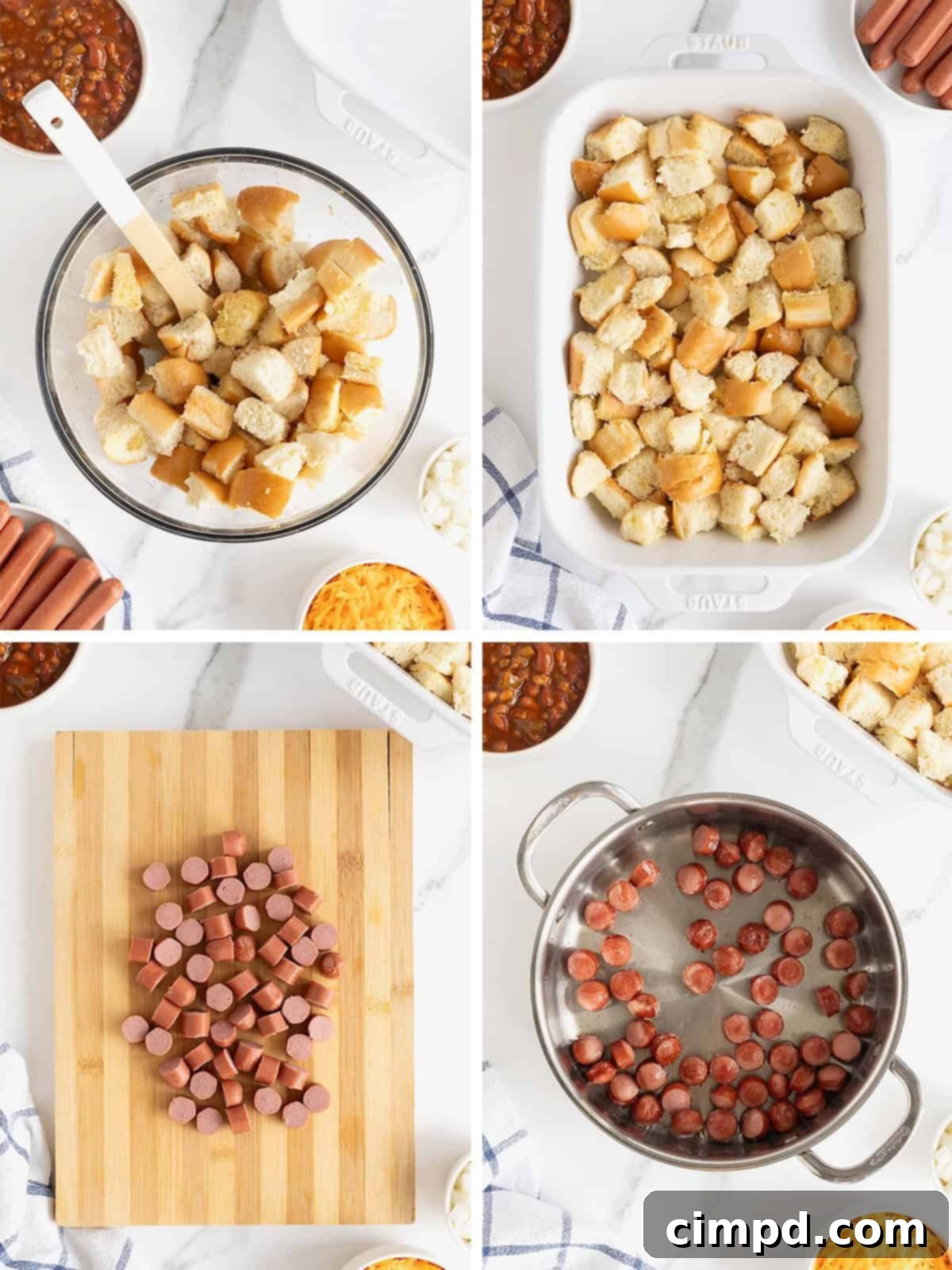 Steps to make Chili Cheese Dog Casserole: sauté hot dogs, mix with chili.