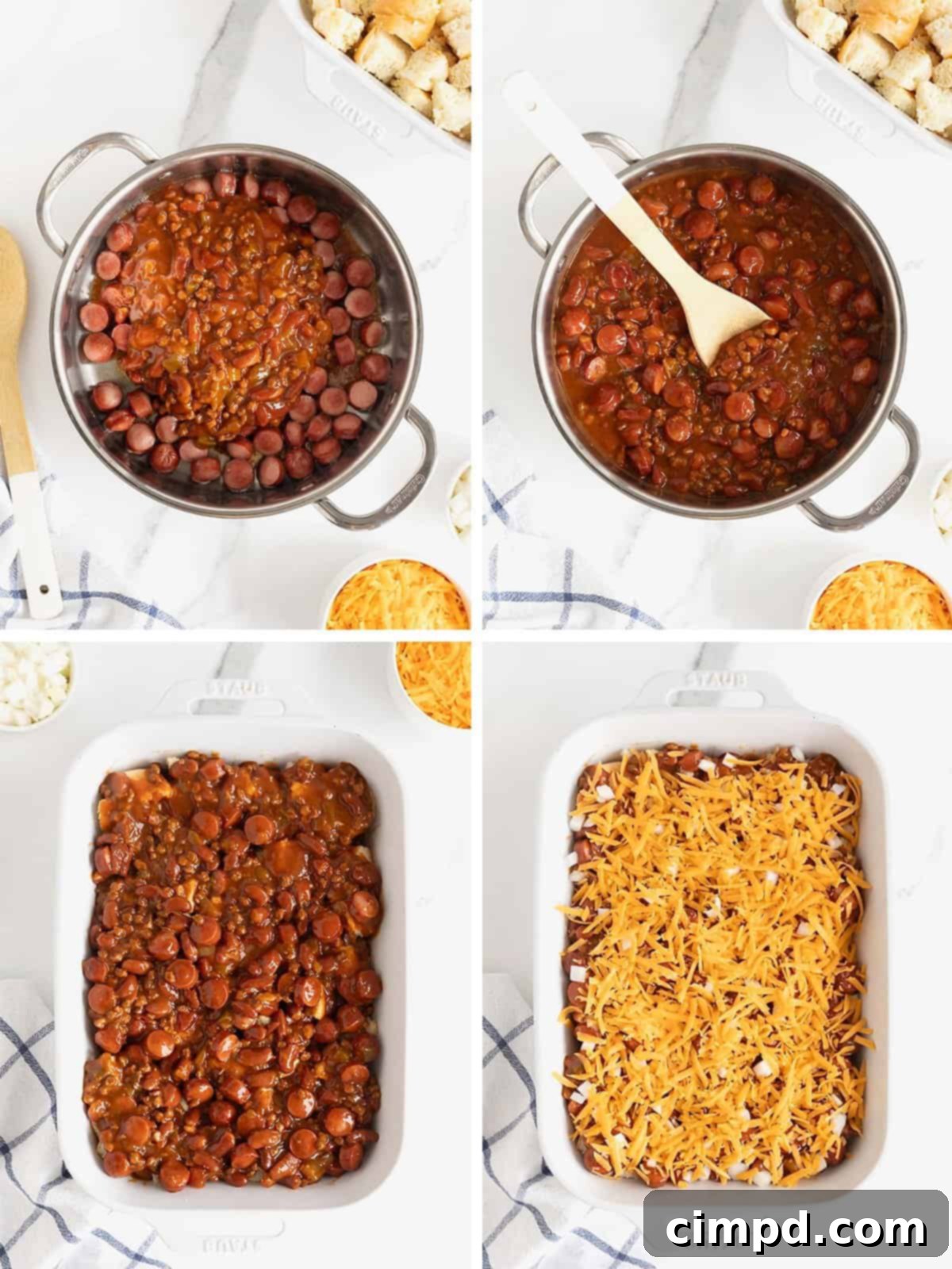 Steps to make Chili Cheese Dog Casserole: add cheese, ready for baking.