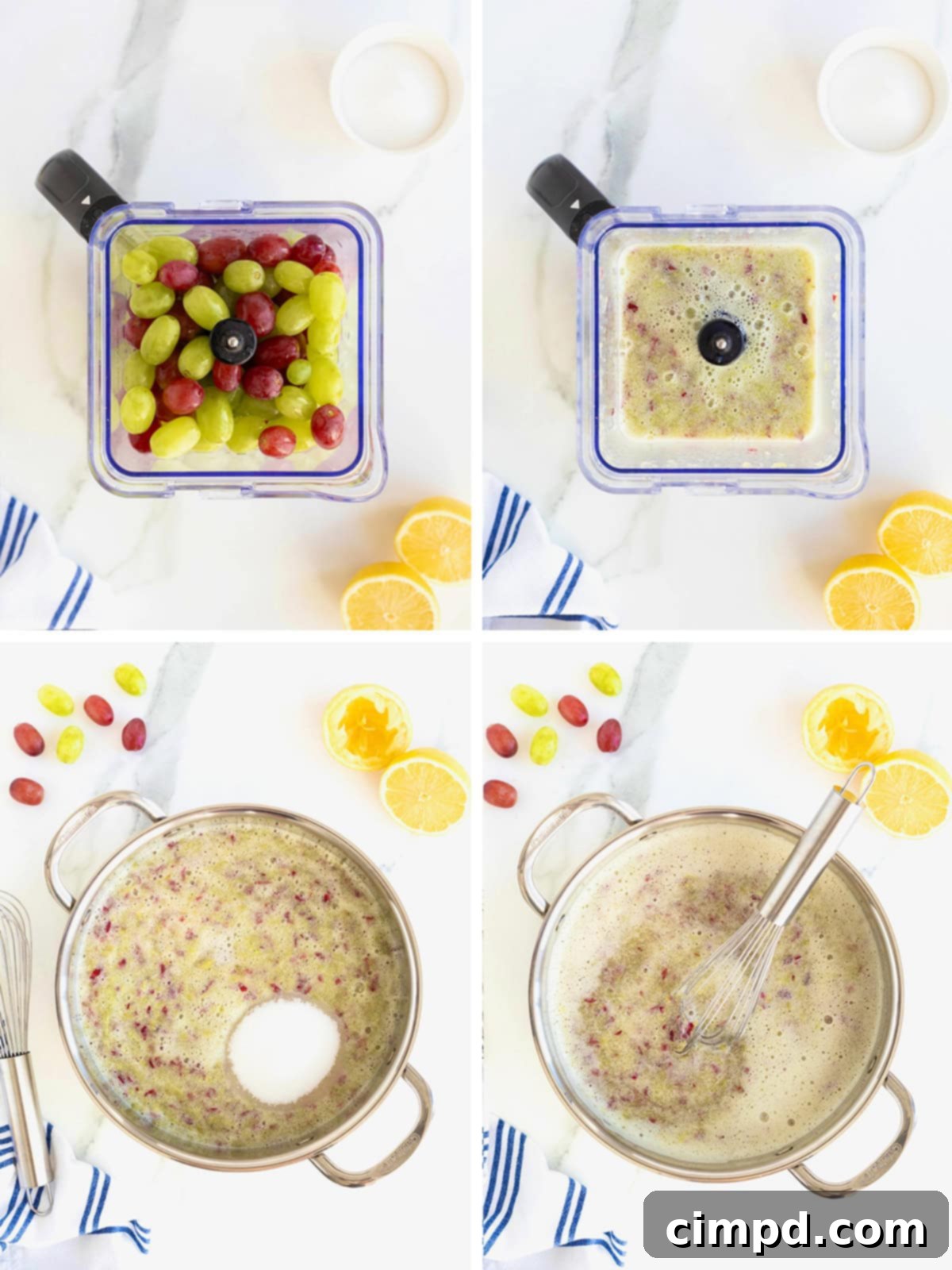 Effortless Homemade Grape Jam 5 A visual guide showing the process of making homemade grape jam, from blending grapes to simmering in a pot.