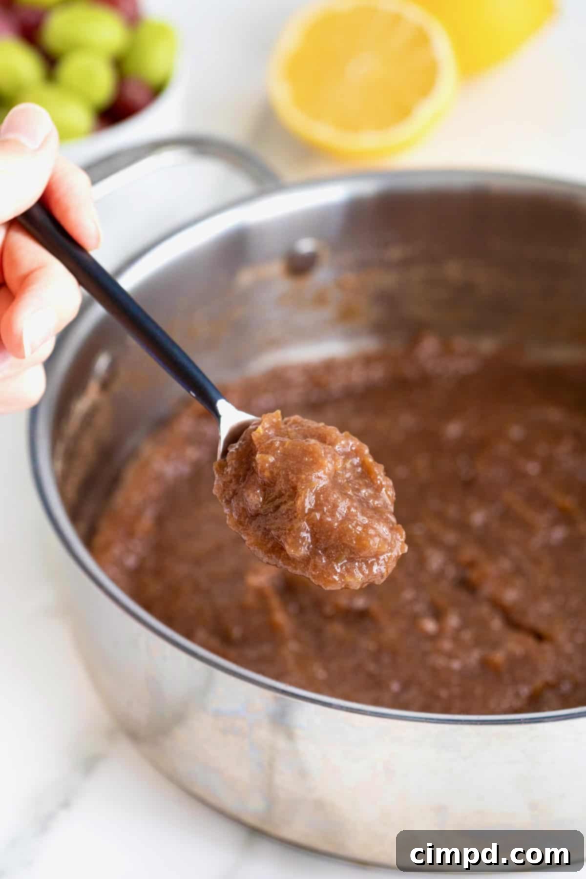 Effortless Homemade Grape Jam 10 A shallow stainless steel pot filled with rich, purple homemade grape jam, showing its thick, luxurious texture after cooking.