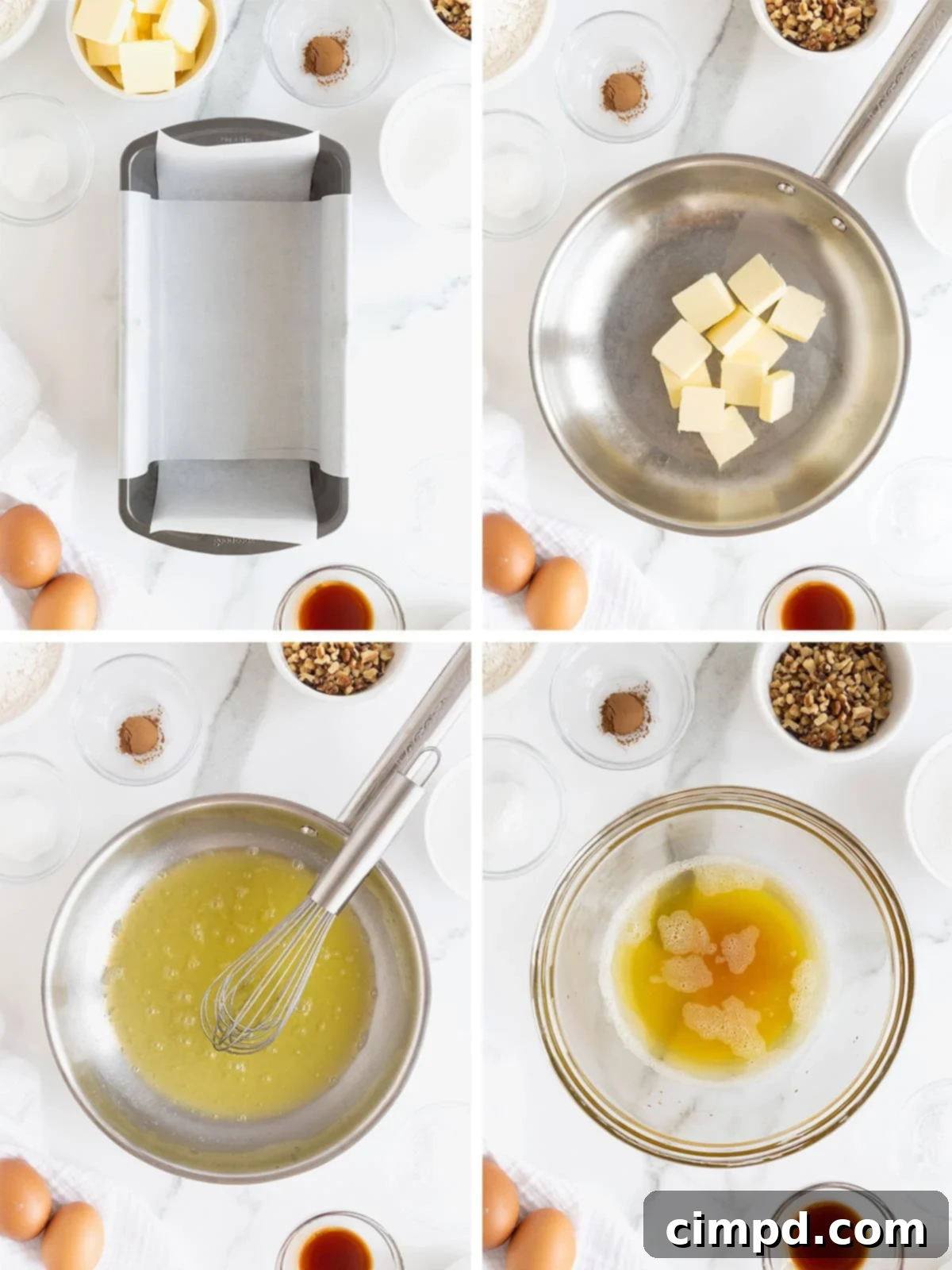 A visual guide showing the steps of browning butter in a light-colored pan, from melting to foamy, to perfectly golden brown with nutty aroma.