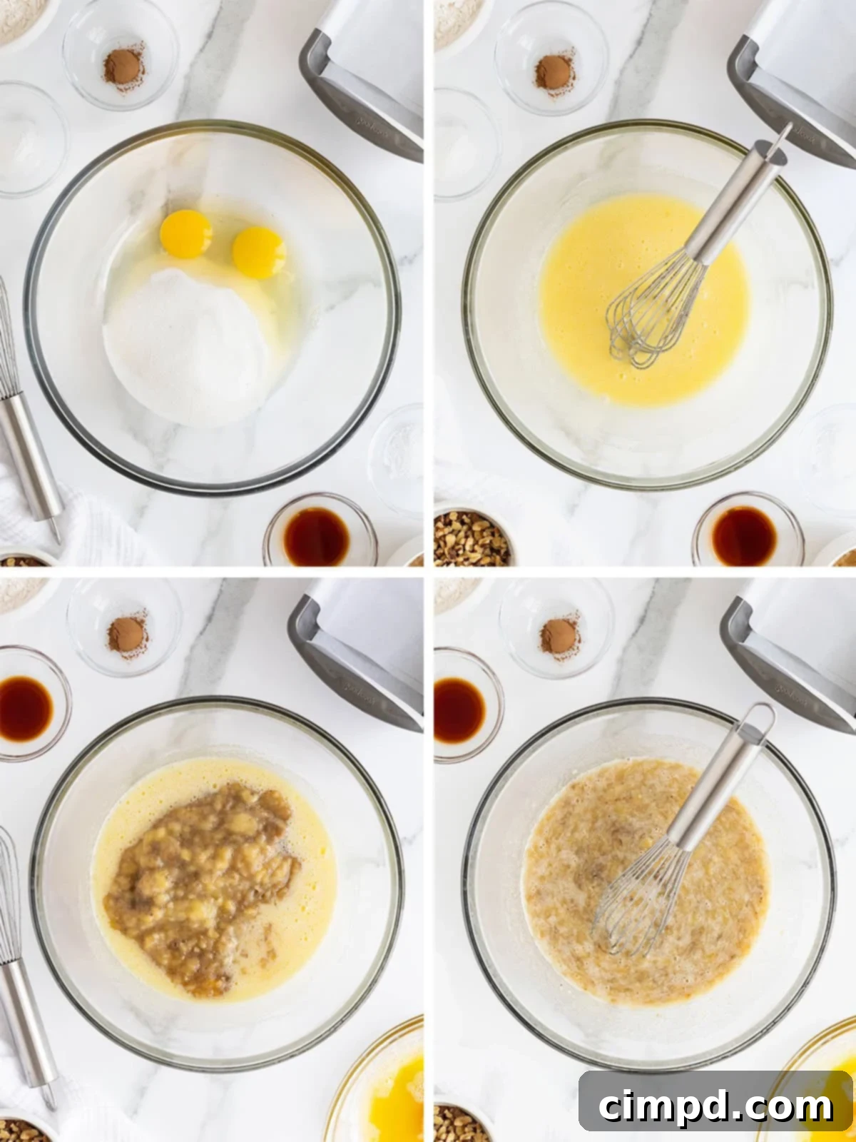 A step-by-step image showing mashed bananas being whisked into a mixture of eggs and sugar in a large bowl, for brown butter banana nut bread.