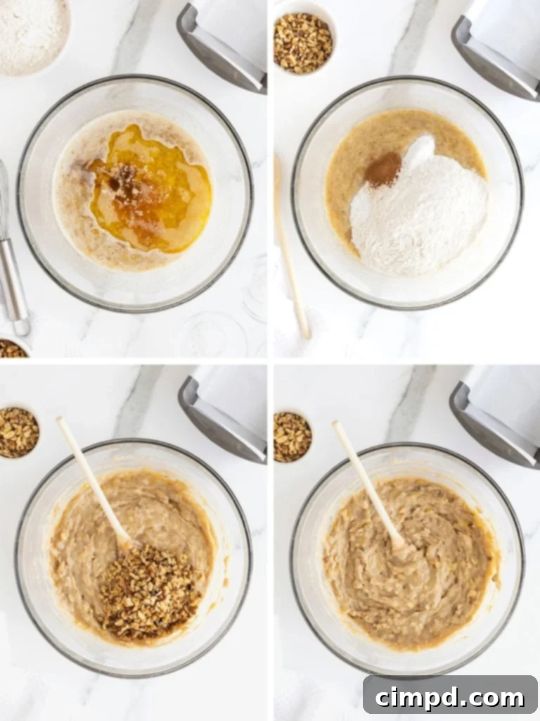 A close-up image showing chopped walnuts being folded into the banana bread batter in a large mixing bowl, a key step for brown butter banana nut bread.