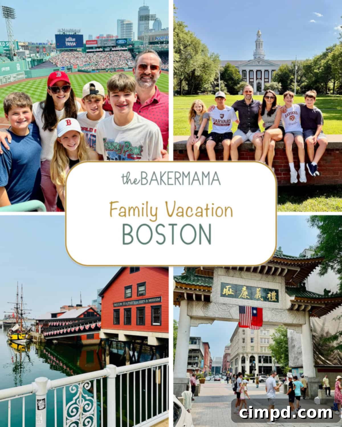 Collage of Boston family activities, showing historic sites, delicious food, and scenic views.
