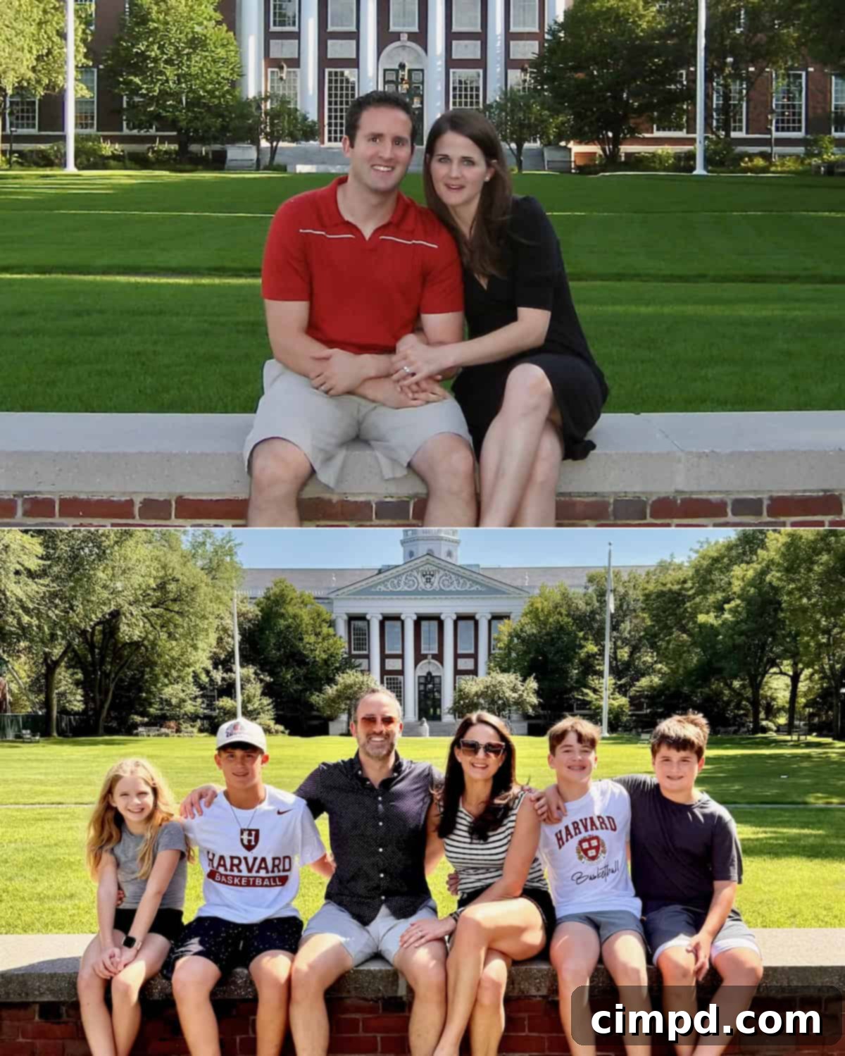 The Brown Family posing happily at Baker Library on the Harvard Business School campus.