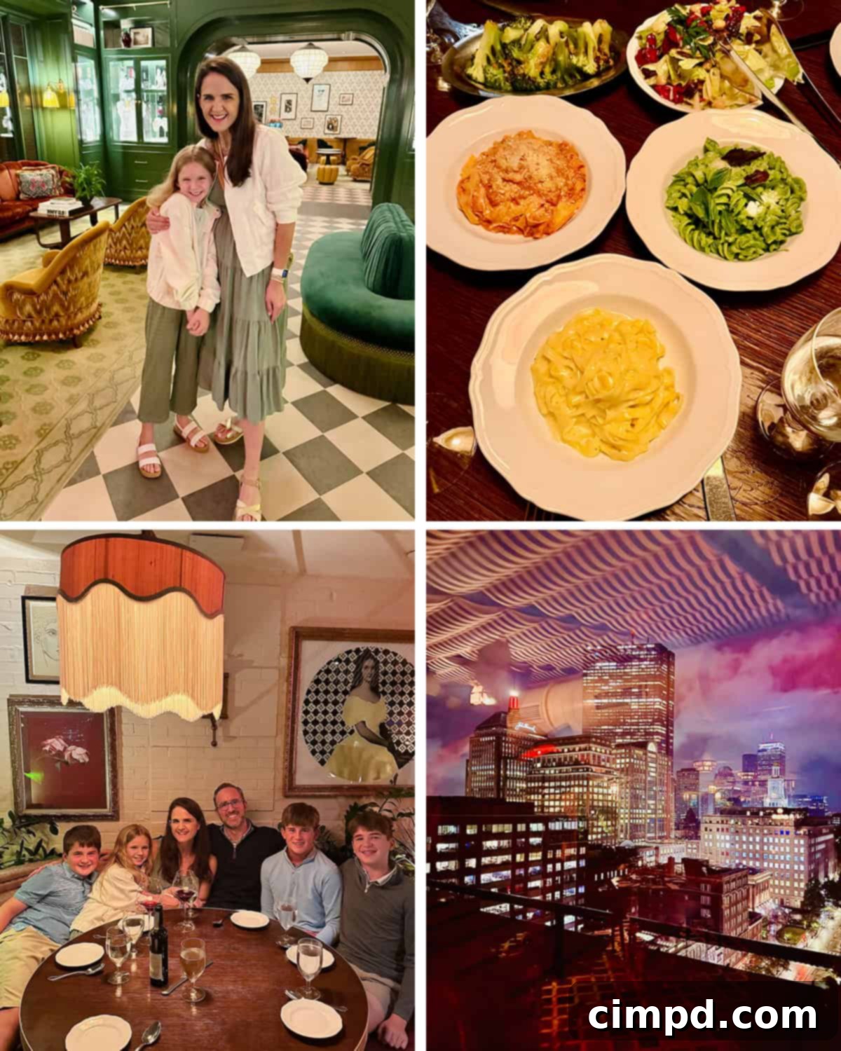 Collage of evening activities in Boston on Day 1, featuring city views and fine dining.