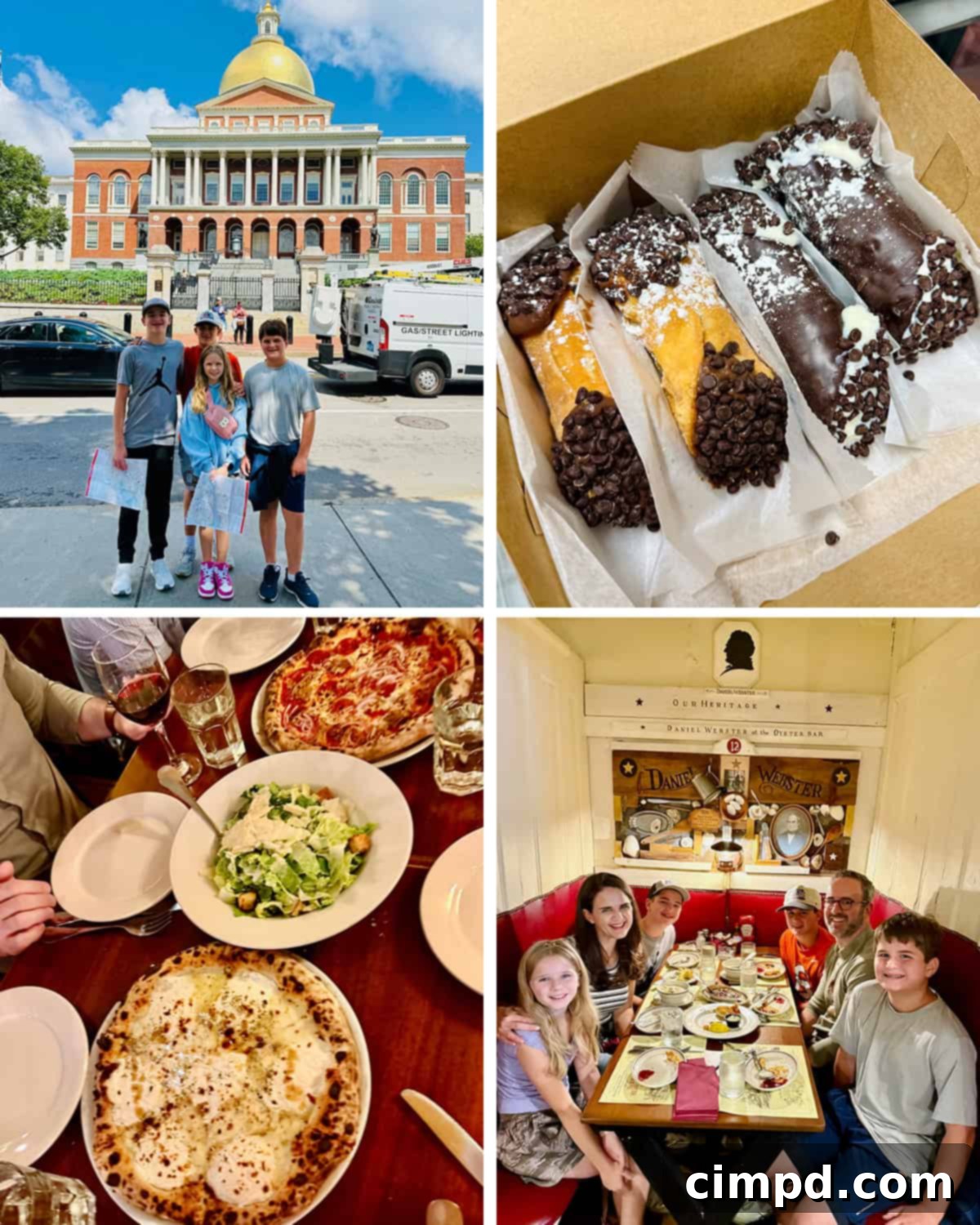 Collage of historical and cultural activities from Day 2 in Boston, featuring Freedom Trail, Quincy Market, and the North End.