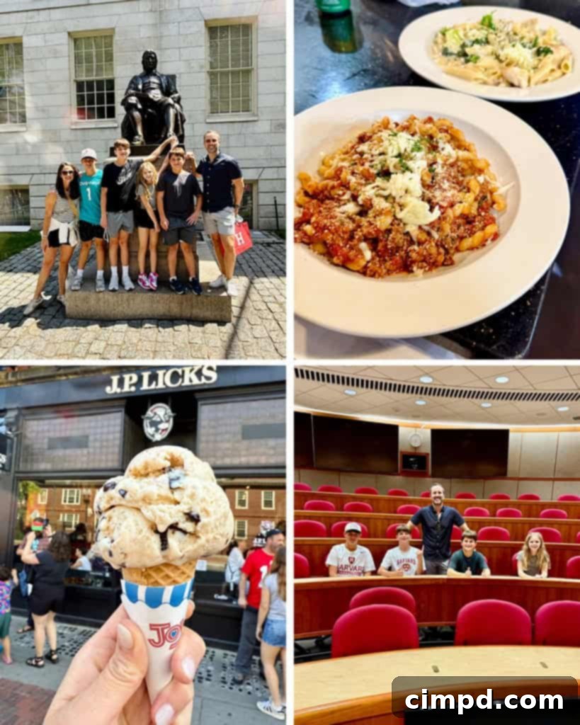 Collage of activities from Day 3 in Boston, featuring Harvard campus, Mr. Bartley's, and lobster rolls.