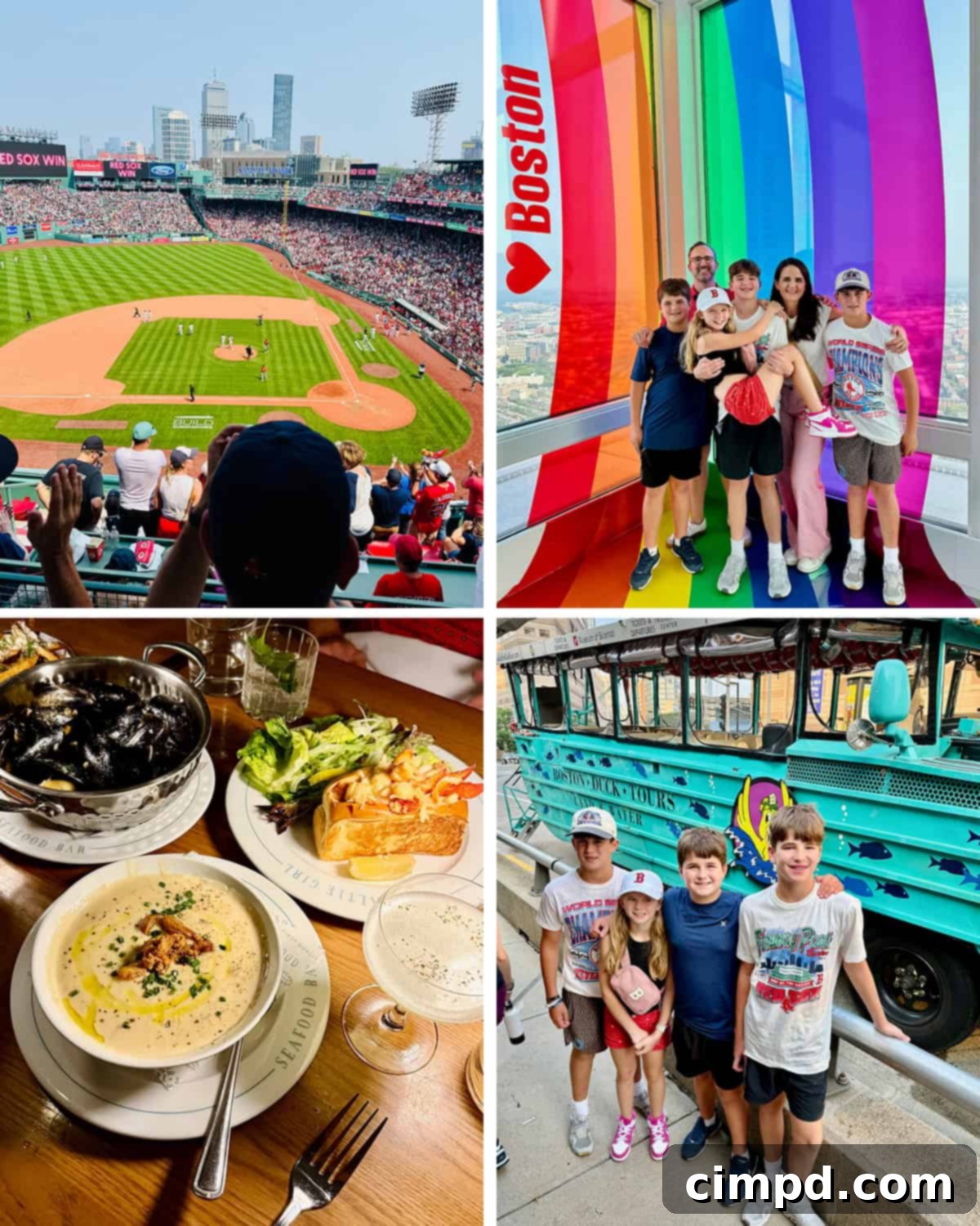 Collage of Day 4 activities in Boston, featuring Fenway Park, city skyline, and Duck Boat Tour.
