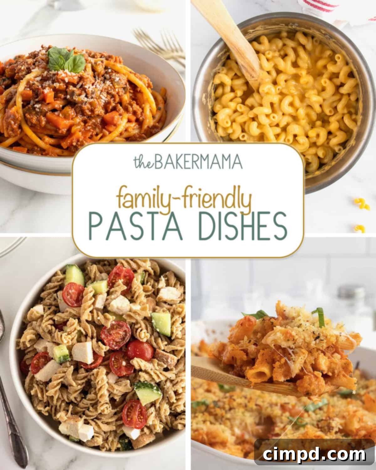 A collage of inviting family-friendly pasta dishes, including classic spaghetti and meatballs, creamy stovetop macaroni and cheese, vibrant hummus pasta salad, and a comforting chicken parmesan casserole.