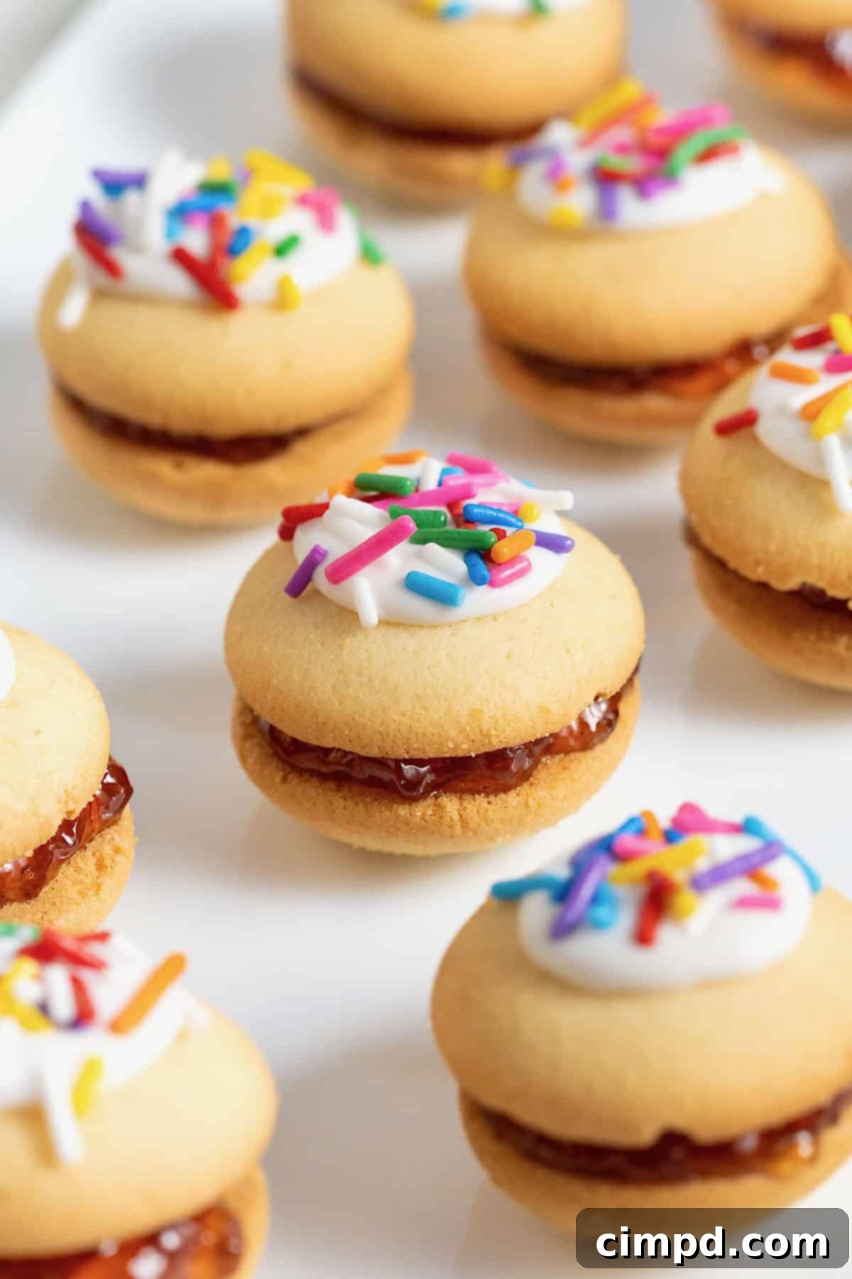 Eight vanilla wafer sandwich cookies topped with white icing and confetti sprinkles on a parchment surface.