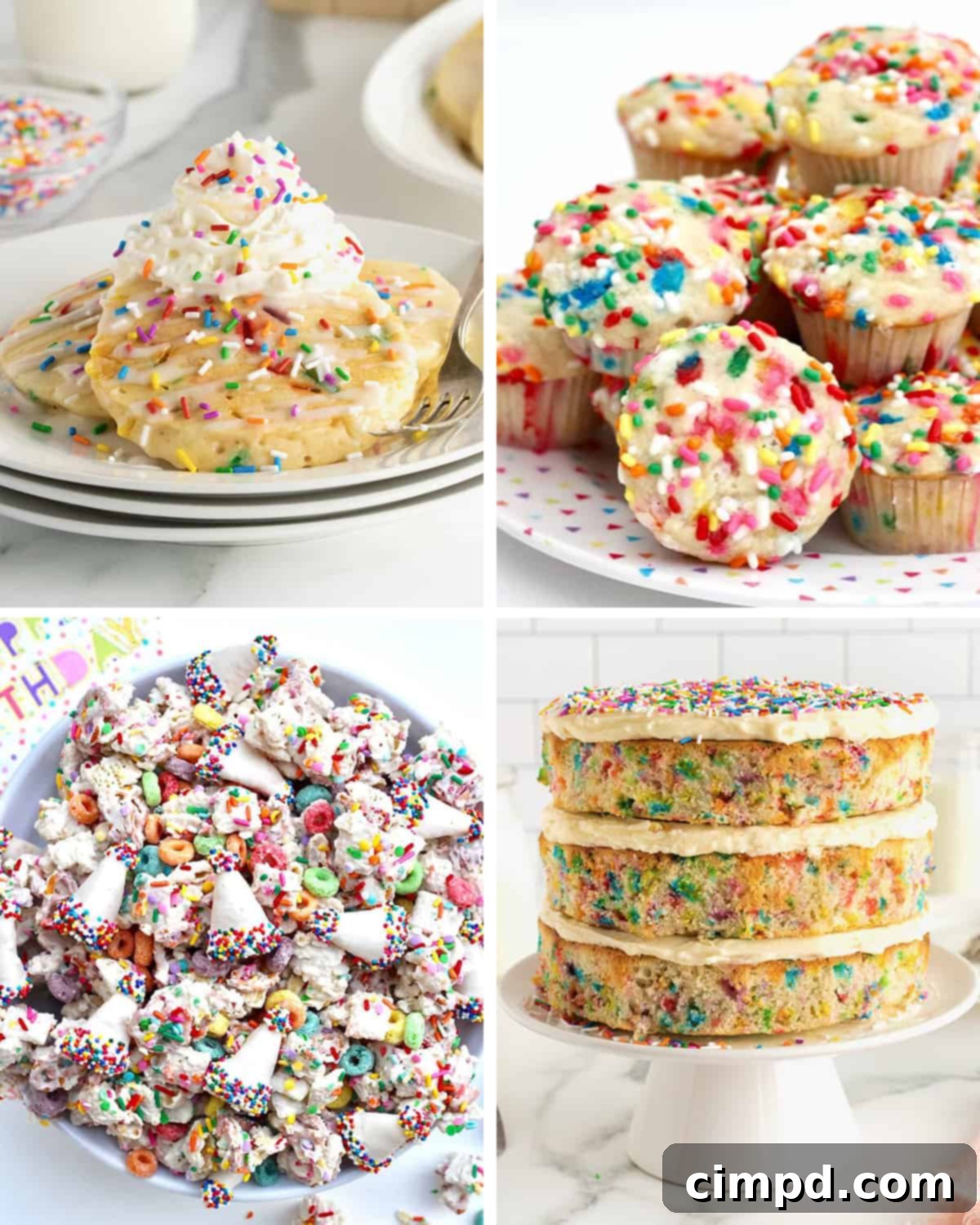Confetti pancakes, birthday breakfast muffins, birthday snack mix and confetti birthday cake.