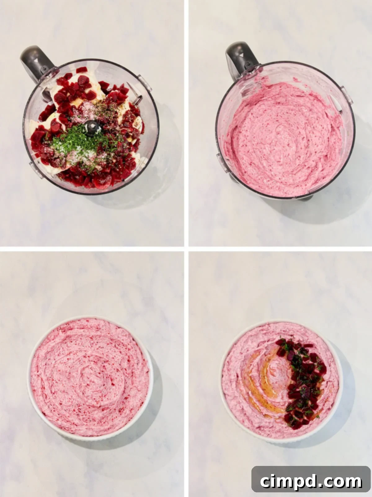A visual step-by-step guide showing the process of making beet cream cheese spread in a food processor, from combining ingredients to the final smooth mixture.