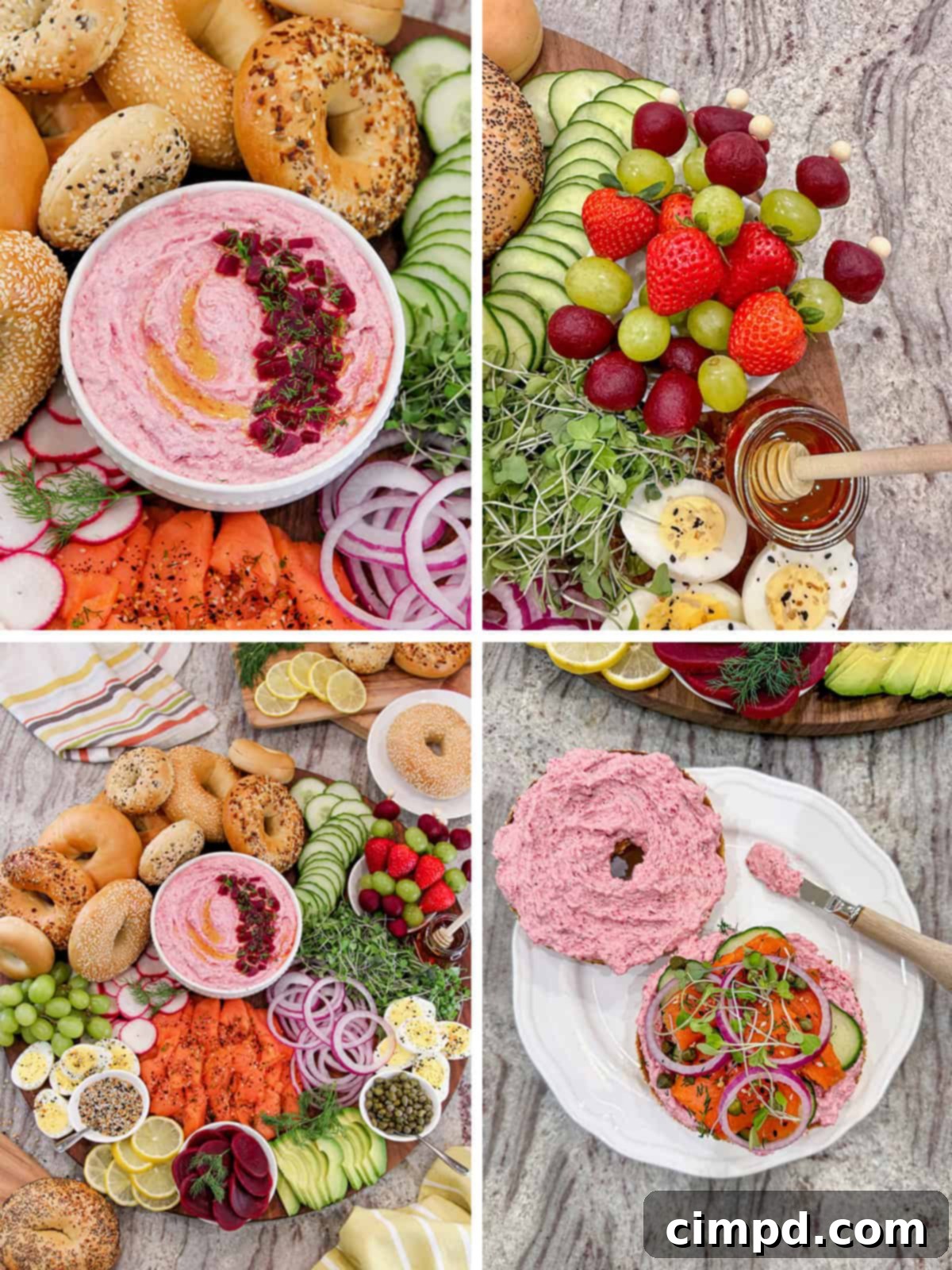 A detailed overhead shot illustrating the step-by-step process of building a Breakfast Bagel Sandwich Board, showing the arrangement of various ingredients around a central beet cream cheese spread.
