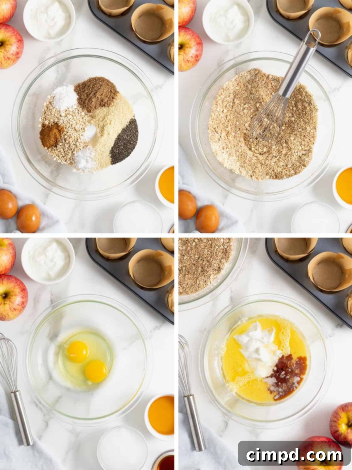Initial steps to make superfood muffins: combining dry ingredients and mixing wet ingredients.