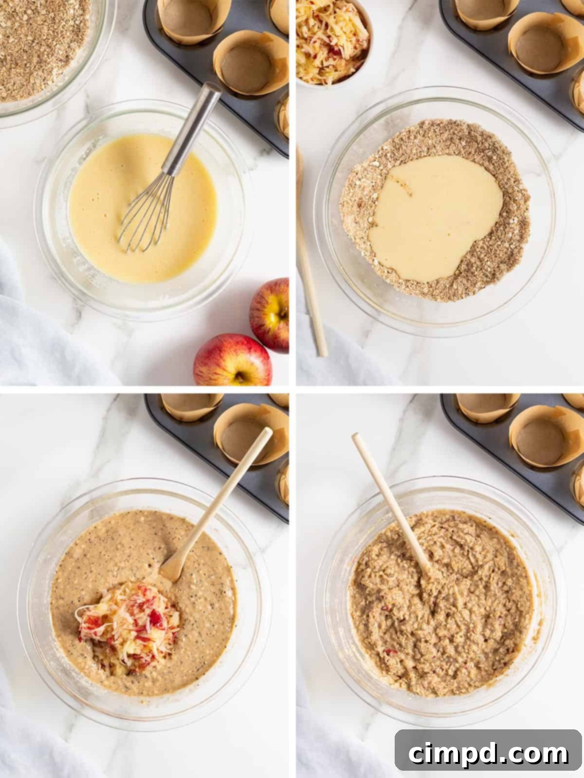 Further steps in making superfood muffins: folding wet into dry ingredients and incorporating grated apple.