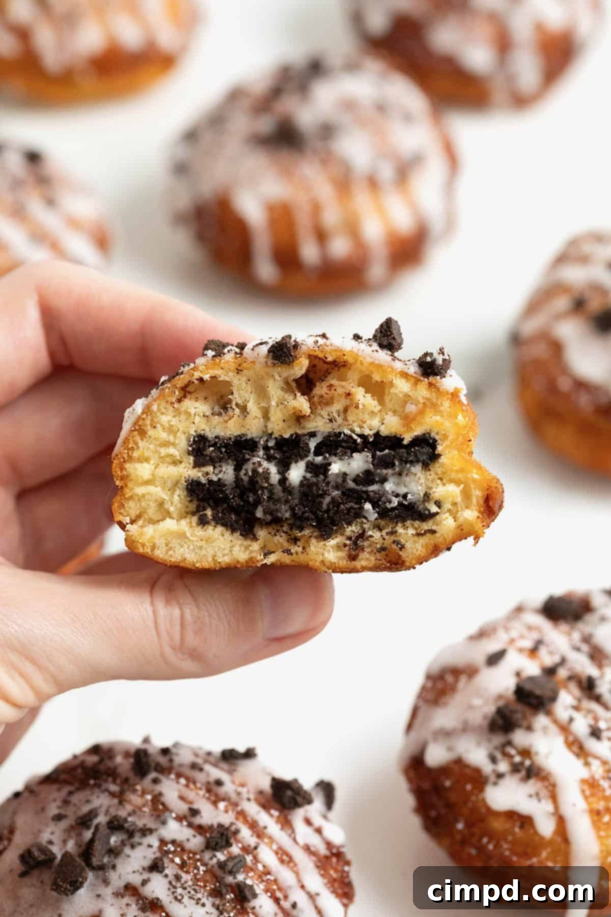 Cinnamon Bun Oreo Fritters 3 A hand holding a cinnamon roll fried Oreo with a bite out of it.