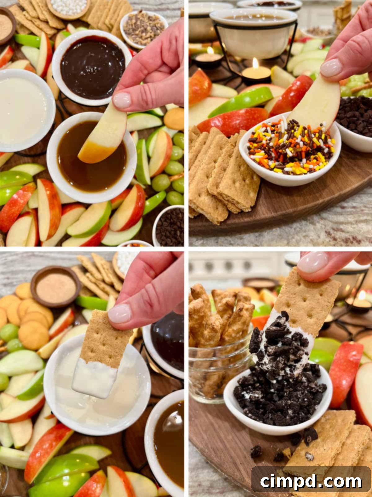 Dipping apples and graham crackers in caramel, marshmallow creme and Oreo bits.