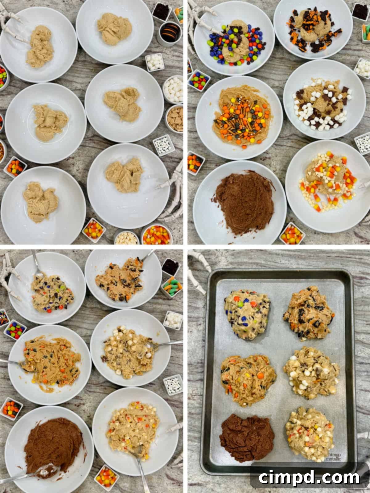 A step-by-step collage showing the process of dividing and flavoring the cookie dough for Halloween bars in a sheet pan.