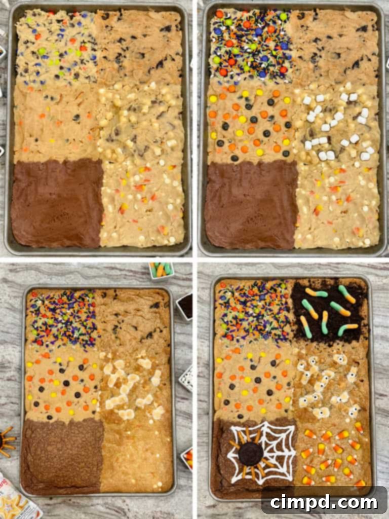 A vibrant display of finished Halloween cookie bars, each section beautifully decorated and ready to serve, on a marble background.