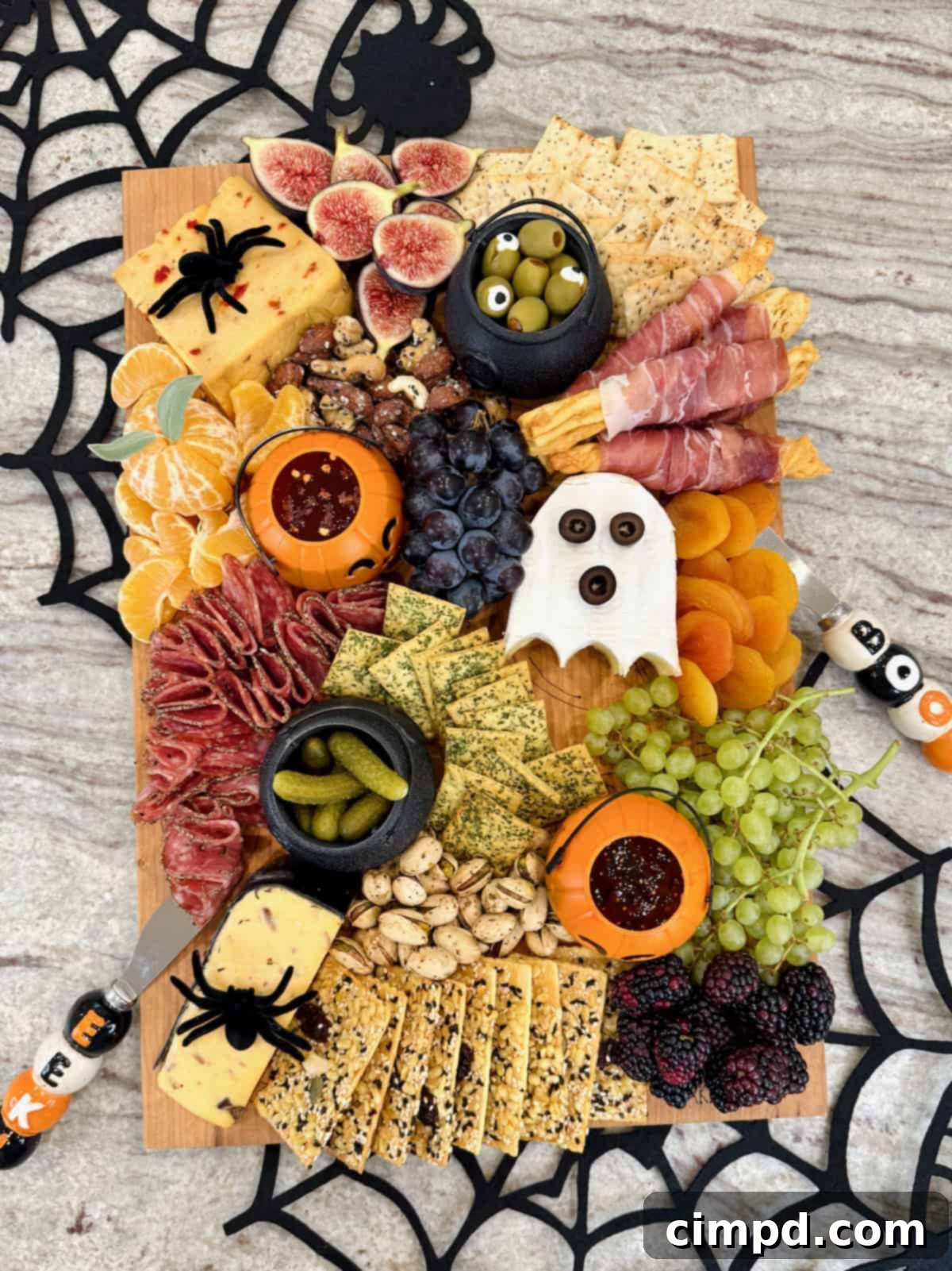 The BakerMama's signature board filled in with Halloween themed foods.