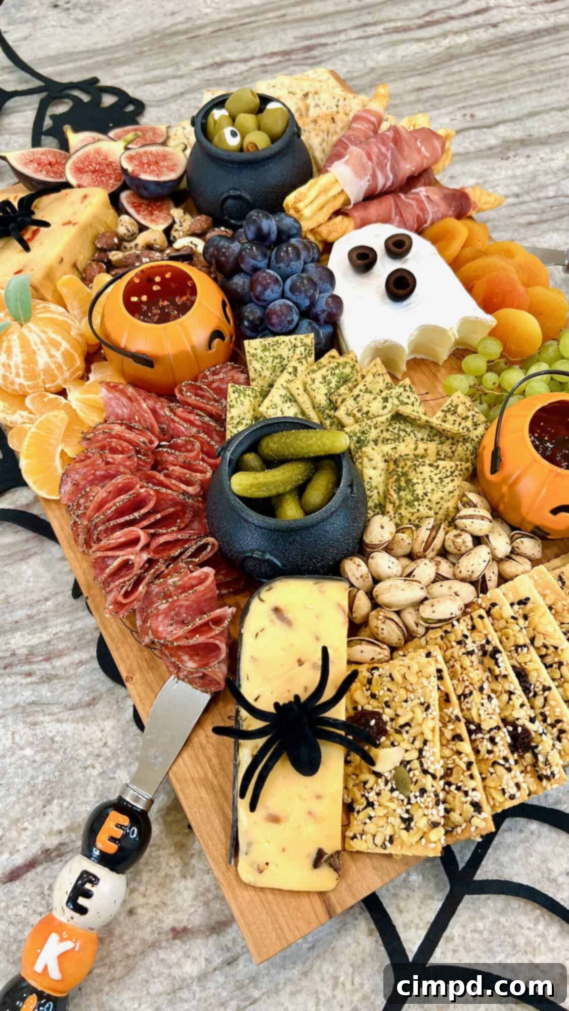 The BakerMama's signature board filled in with Halloween themed foods.