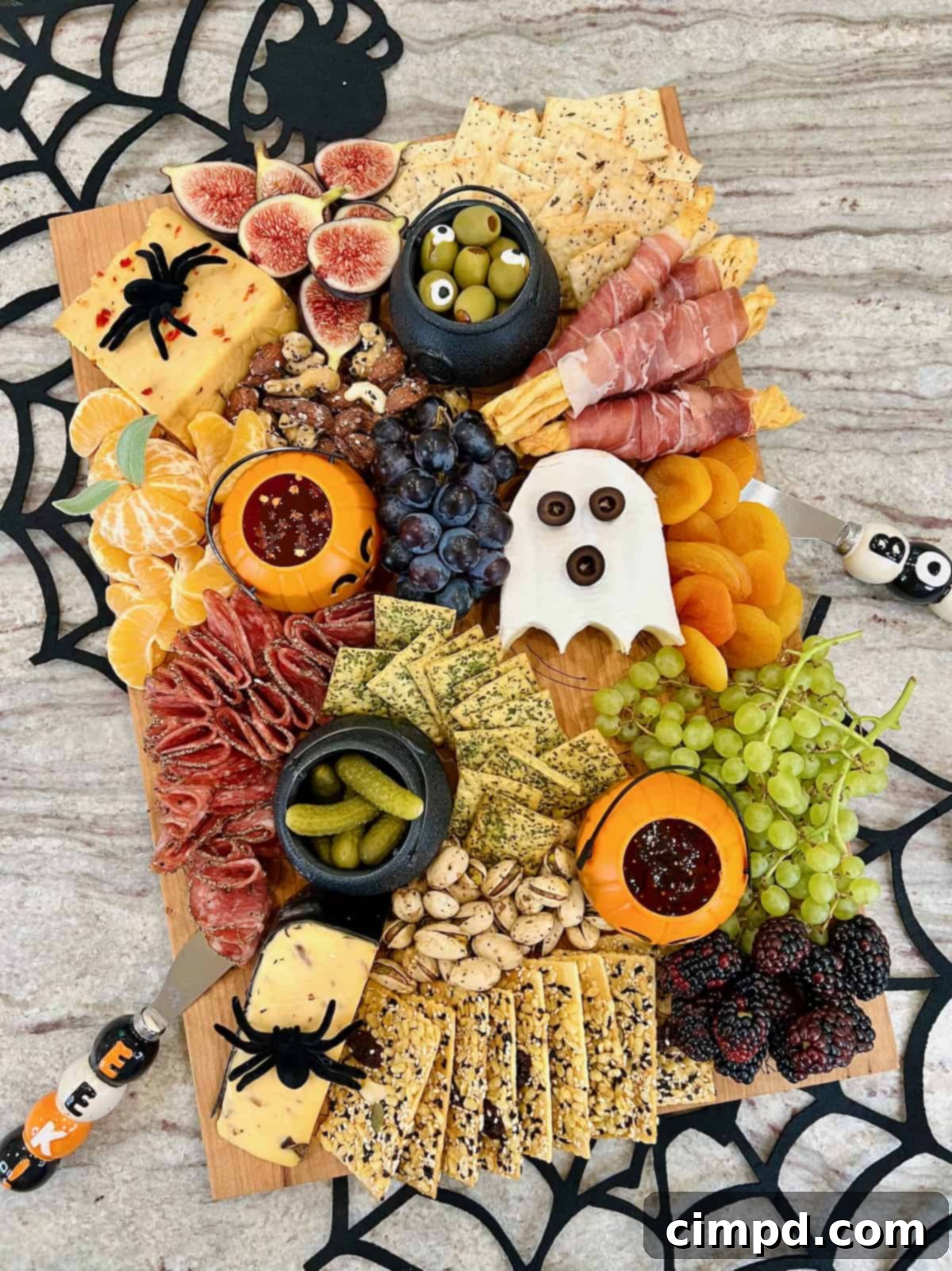 The BakerMama's signature board filled in with Halloween themed foods.