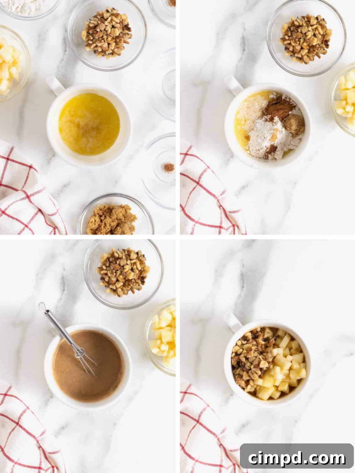 Spiced Apple Mug Delight 7 A collage showing the initial steps of making an apple mug cake: melting butter, whisking wet ingredients, adding dry ingredients, and folding in apples and walnuts, all within the mug.