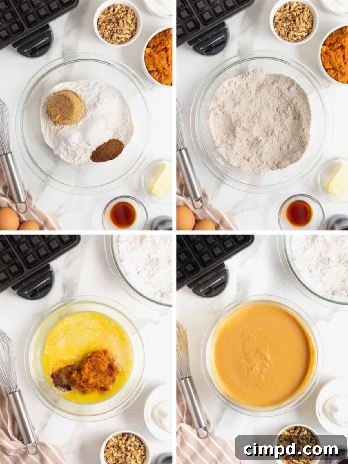 Spiced Pumpkin Waffles 6 A visual step-by-step guide illustrating the initial stages of making pumpkin waffles, showing the dry ingredients mixed in one bowl and wet ingredients in another.