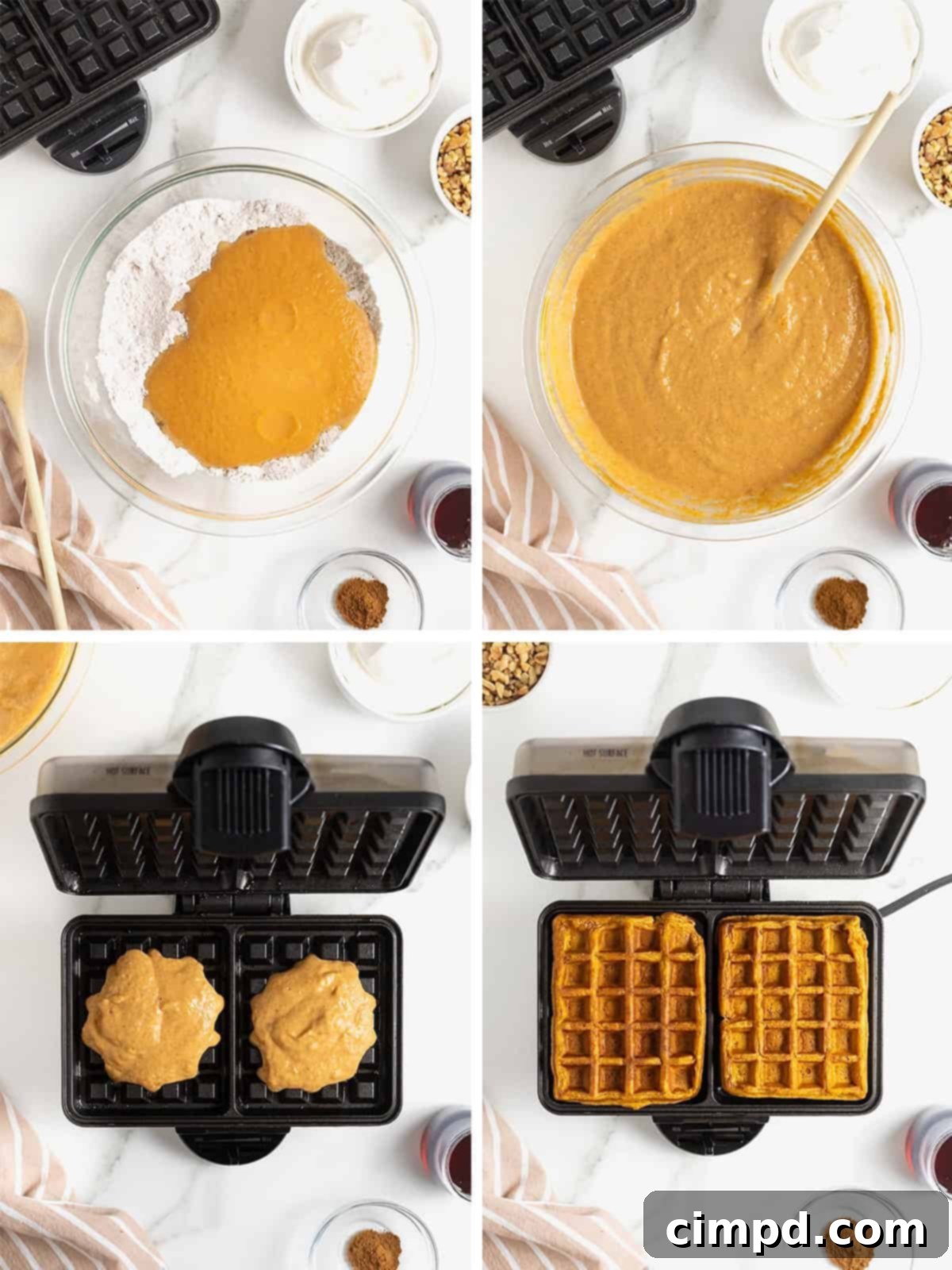 Spiced Pumpkin Waffles 7 A series of images demonstrating the process of cooking pumpkin waffles, from pouring batter into the iron to the golden-brown finished product.