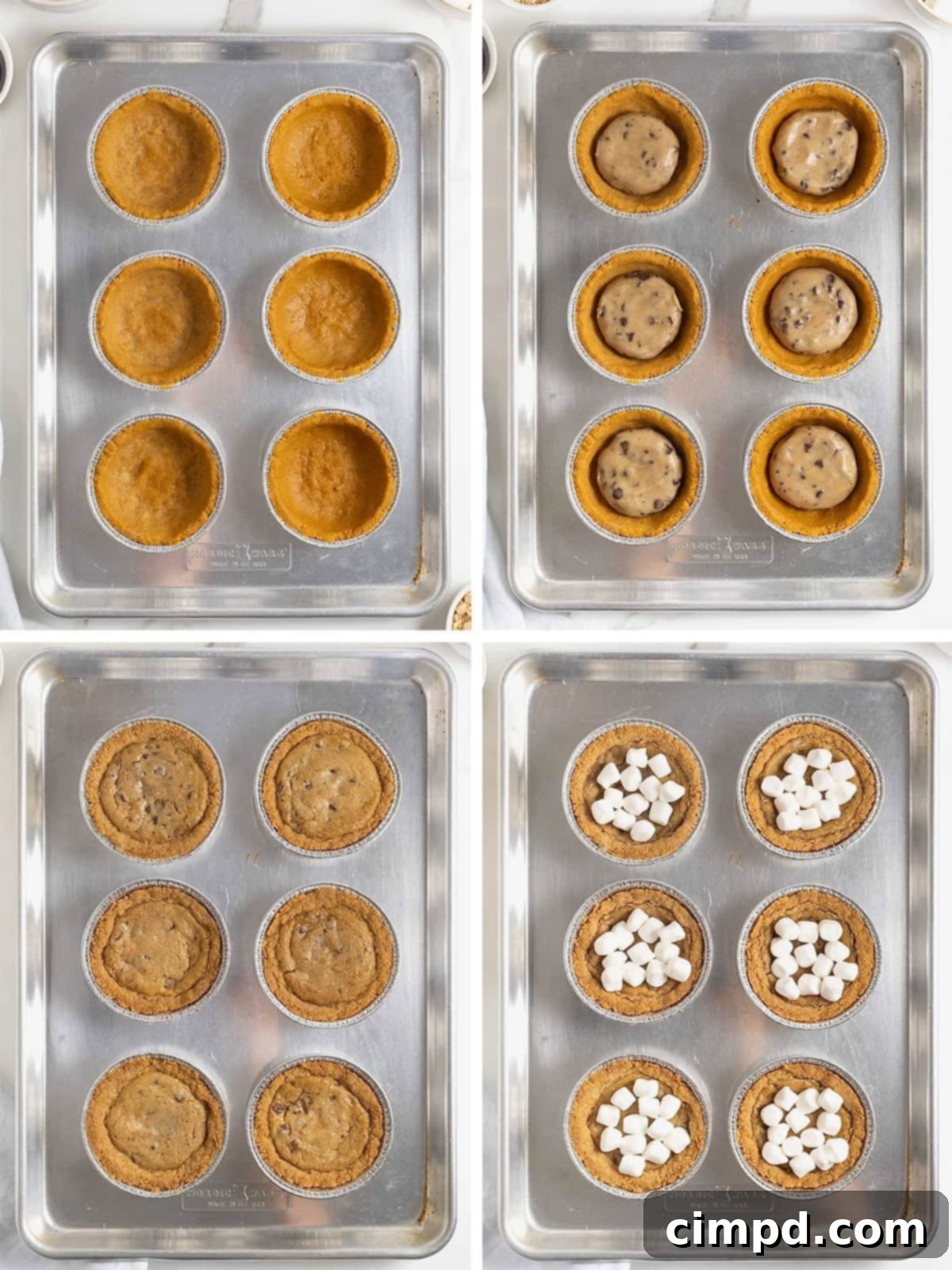 A step-by-step visual guide showing how to make mini s'mores cookie pies: from pressing cookie dough into crusts to topping with marshmallows before the final bake.