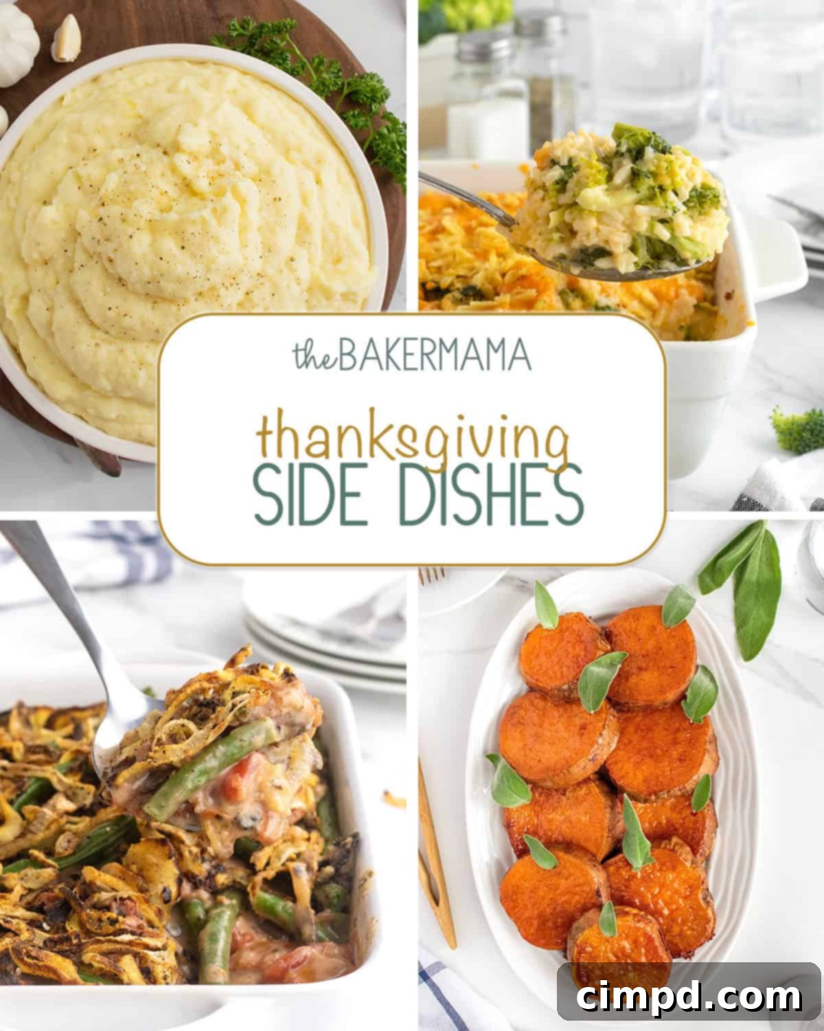A vibrant display of classic Thanksgiving side dishes including creamy mashed potatoes, a hearty broccoli cheese rice casserole, a fresh green bean casserole topped with crispy onions, and beautifully roasted sweet potatoes, perfect for any holiday feast.