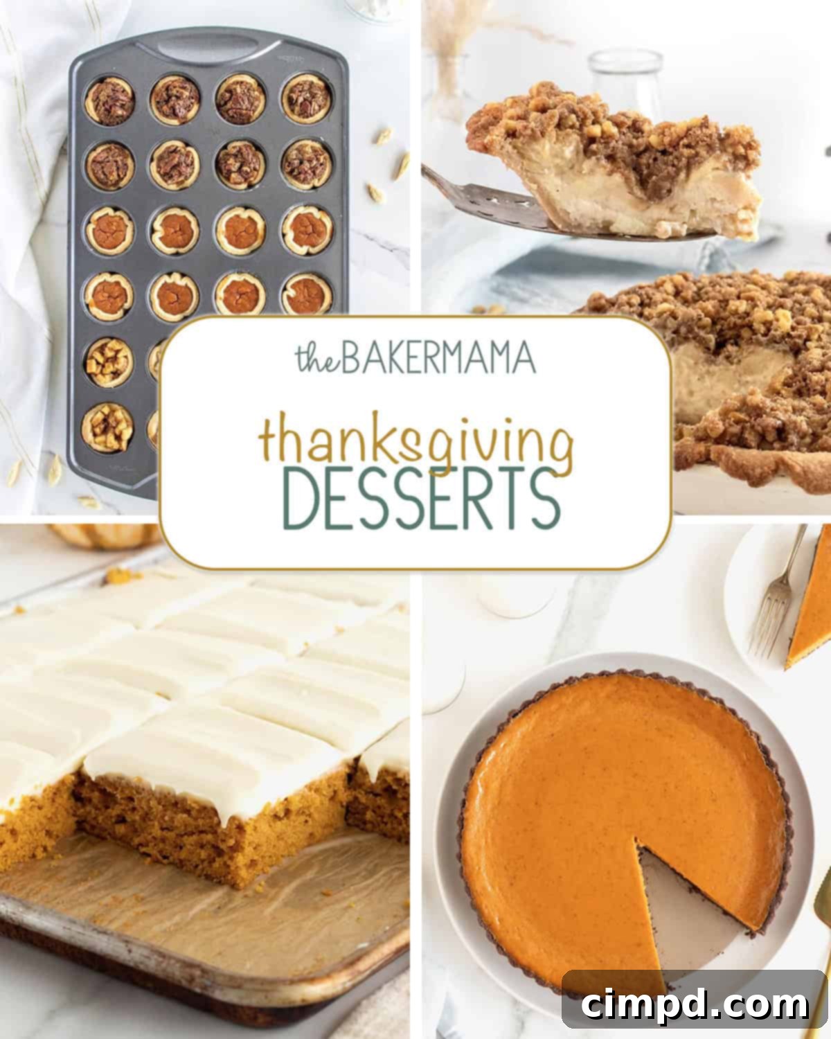 An array of delicious Thanksgiving desserts, including mini pies, a classic apple pie, pumpkin sheet cake, and a rich dark chocolate pumpkin tart, perfect for any holiday feast.
