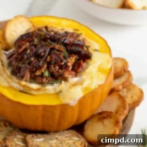Baked brie in a hollowed out mini pumpkin topped with chopped pecans and rosemary on a wooden board on white marble counter. There are crackers and crostini on the board surrounding the pumpkin.