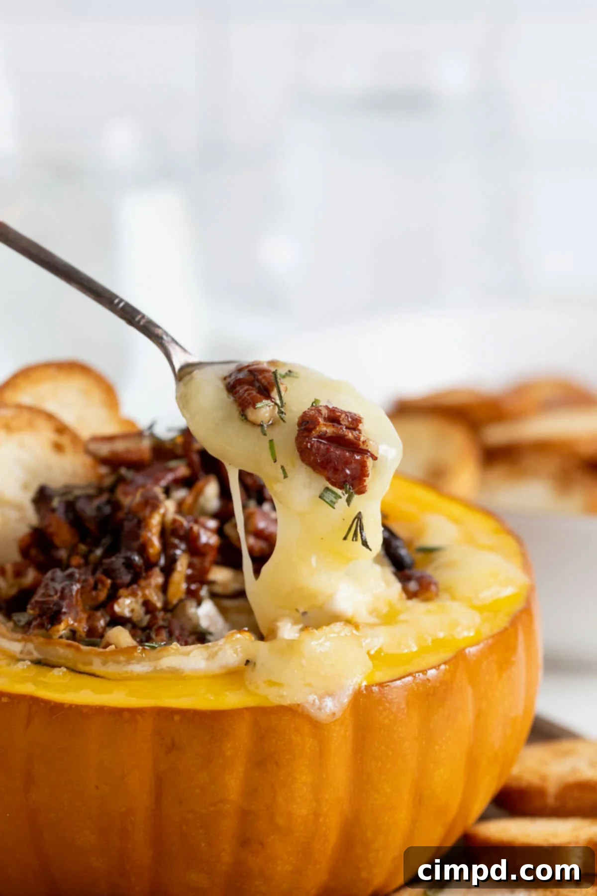 A metal spoon scooping a generous portion of warm, gooey baked brie, topped with pecans and rosemary, out of its charming mini pumpkin bowl.
