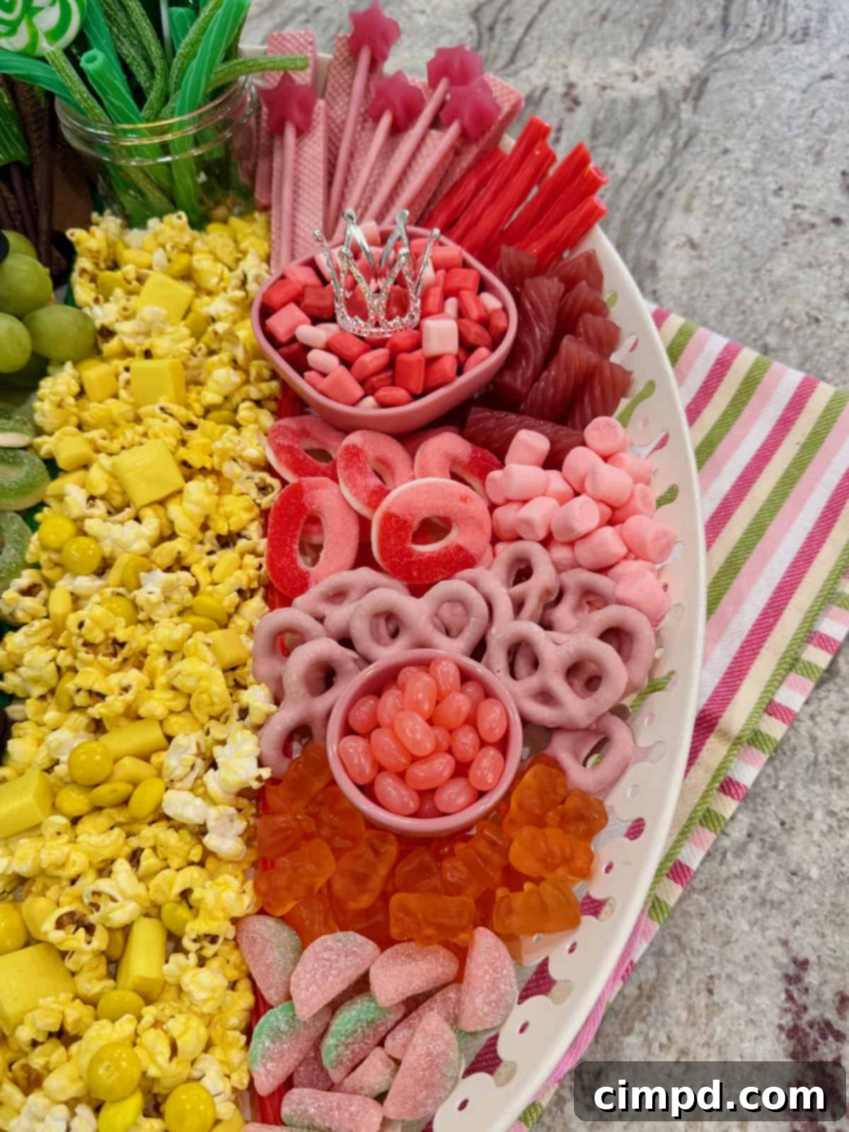 The right side of a white platter featuring an array of pink candies, pink yogurt-covered pretzels, and strawberry wafer cookies, representing Glinda's side.