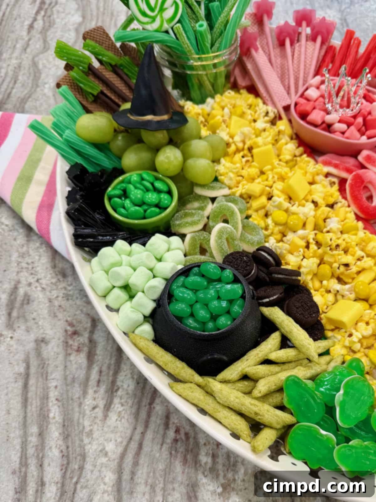 The left side of an oblong white serving tray featuring an assortment of green candies, fresh green grapes, black licorice, and chocolate wafer cookies, representing Elphaba's side.