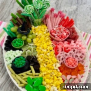 A snack board to celebrate the movie Wicket on a gray marble counter.