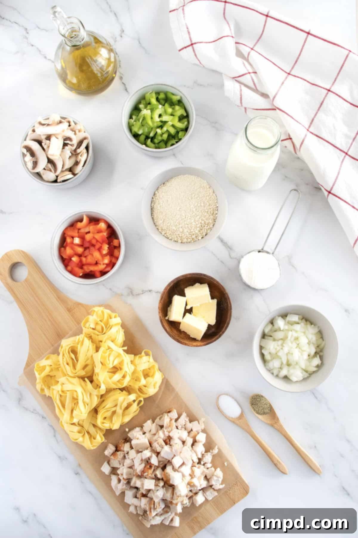 Creamy Chicken Noodle Bake 4 Ingredients laid out for Chicken Noodle Casserole preparation