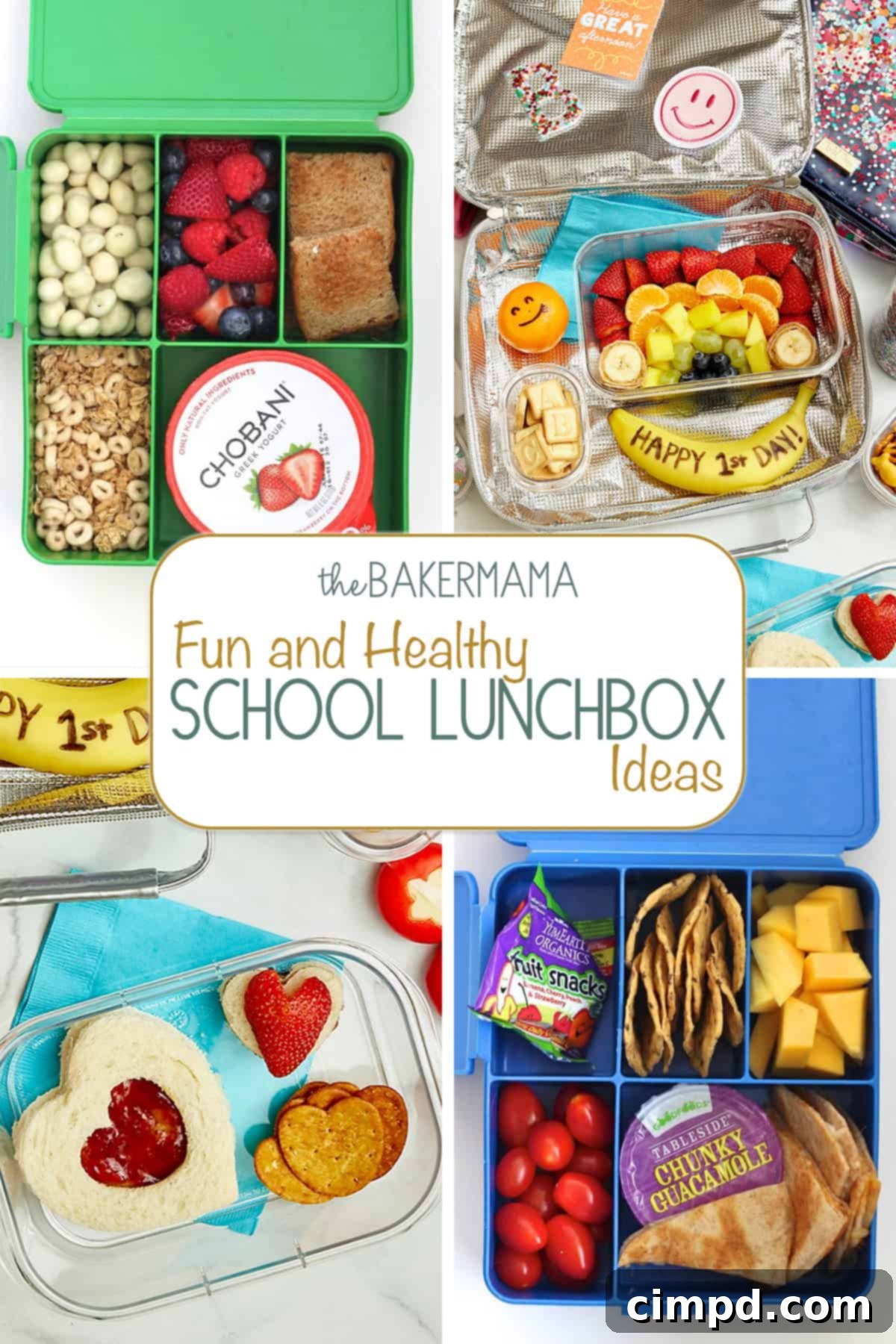 Deliciously Healthy School Lunches Kids Will Love 2 Four beautifully arranged fun and healthy lunchbox ideas for kids, featuring a variety of colorful fruits, sandwiches, and treats.