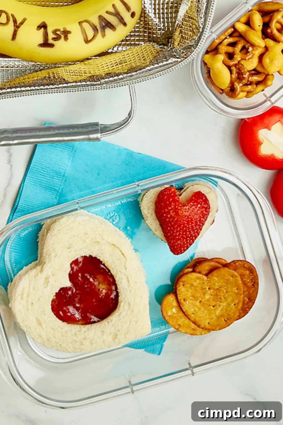 Deliciously Healthy School Lunches Kids Will Love 4 A charming lunch container featuring a heart-shaped sandwich, heart crackers, and a heart-shaped strawberry, perfect for a loving school lunch.