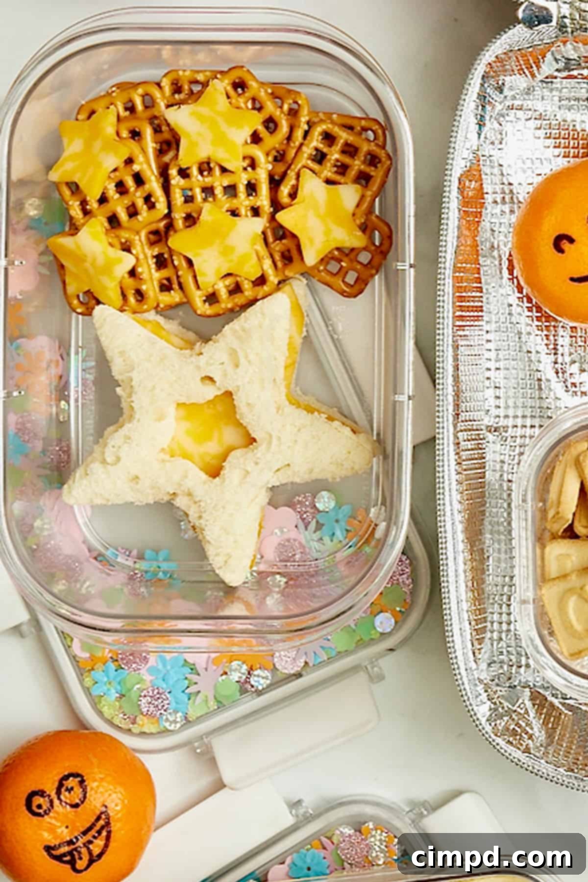 Deliciously Healthy School Lunches Kids Will Love 6 A meticulously prepared school lunchbox featuring a star-shaped cheese sandwich, star-shaped cheese slices artfully arranged on pretzels, creating a fun and appealing meal.