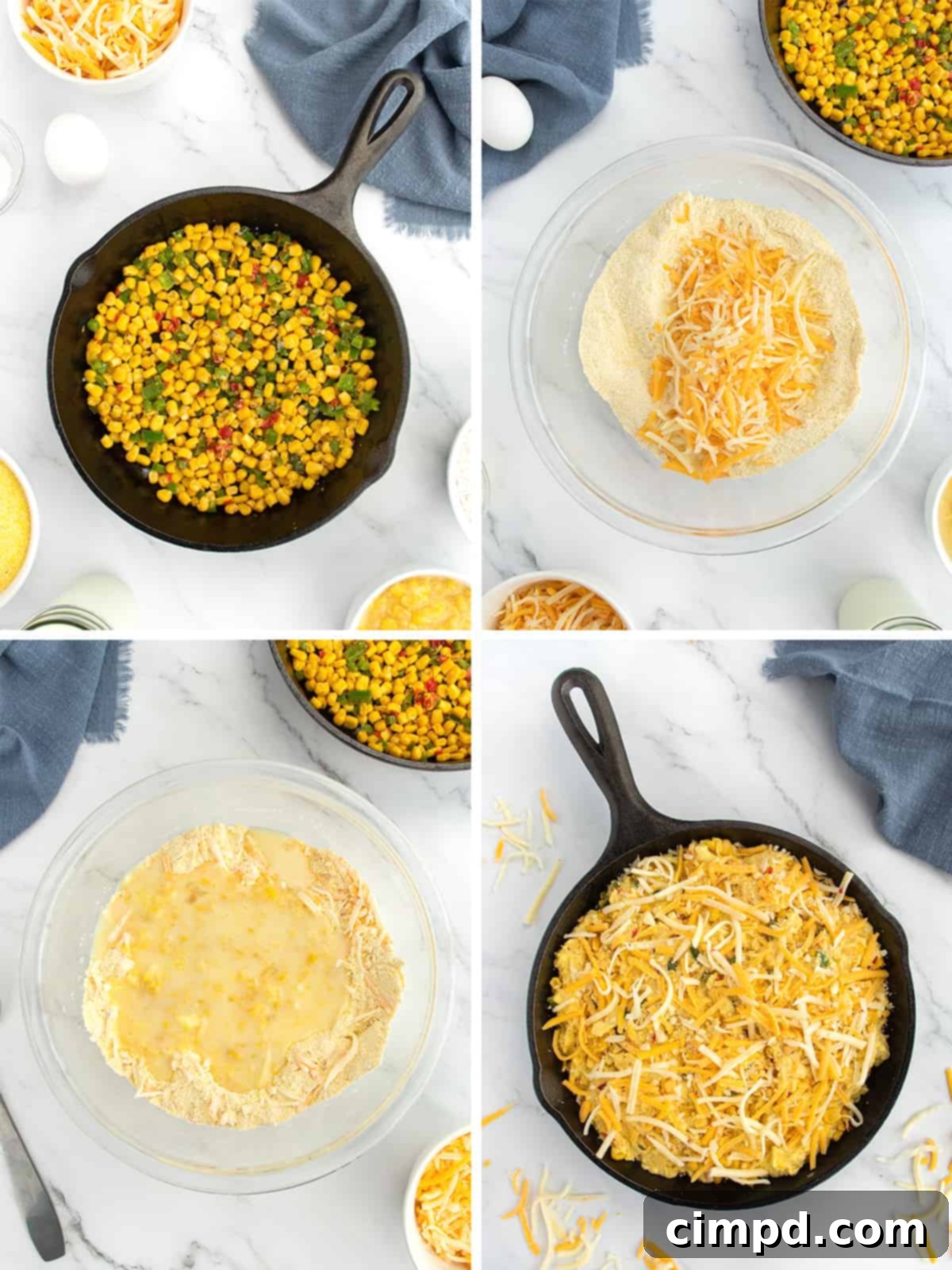 The assembled Cheesy Corn Cornbread batter in a cast iron skillet, topped with cheese, ready for the oven.
