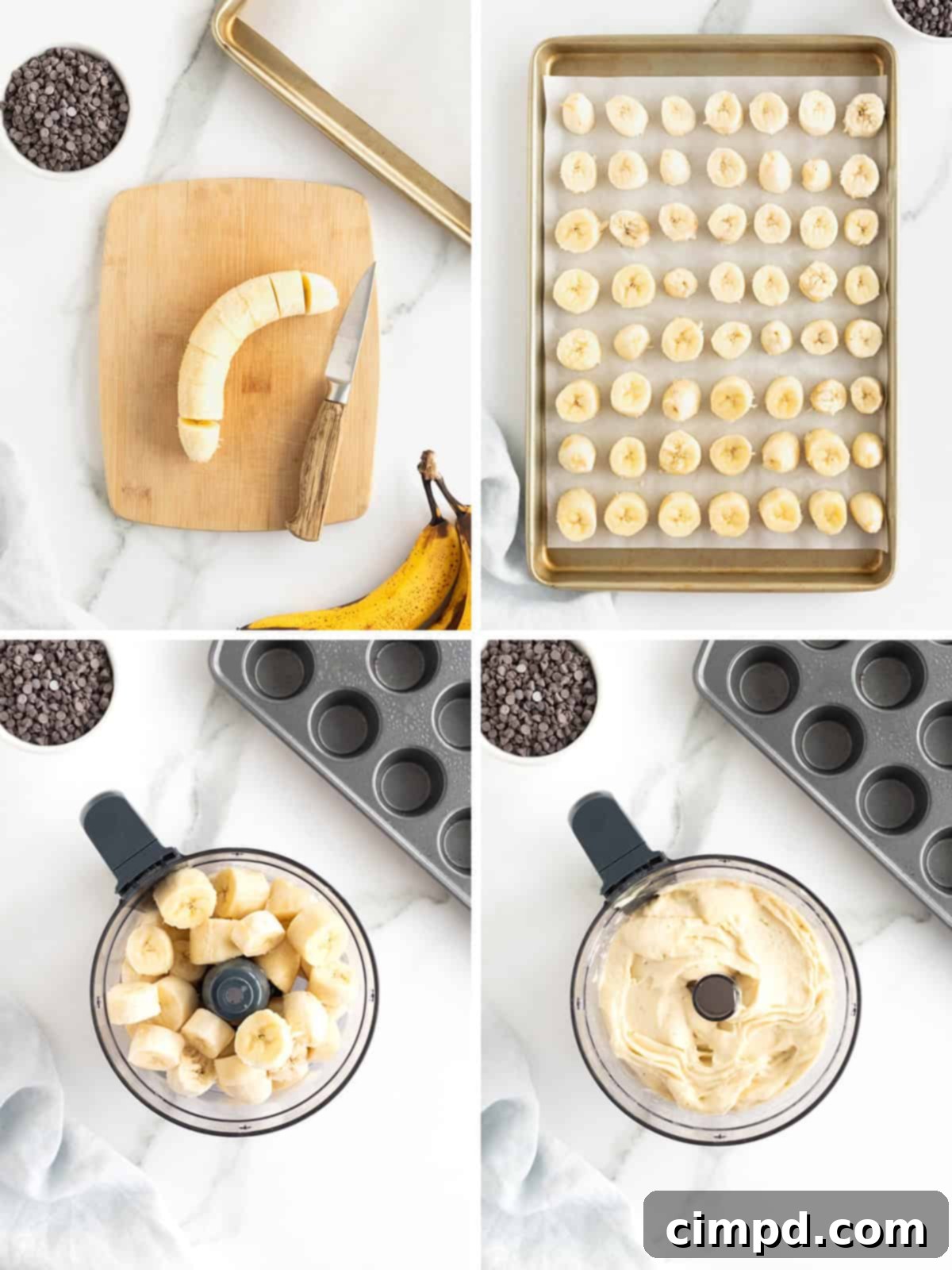 A visual guide showing the initial steps to make banana ice cream bites, from slicing to blending.