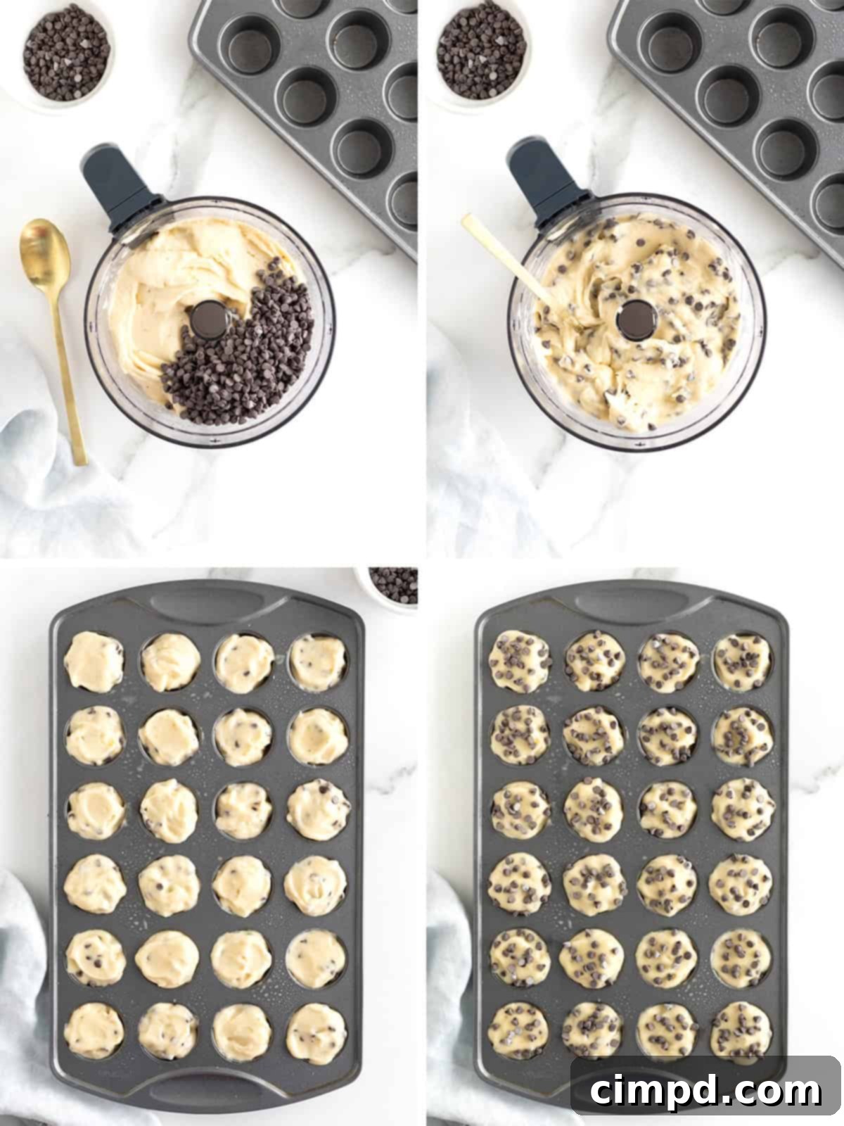 A detailed sequence of images illustrating the next steps for creating two-bite banana ice cream treats, from mixing in chocolate chips to filling muffin pans.