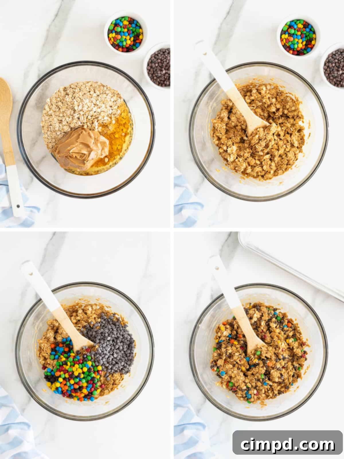 No-Bake Monster Cookie Bites 8 A visual step-by-step guide illustrating the process of making no-bake monster cookie balls, from mixing to adding inclusions.