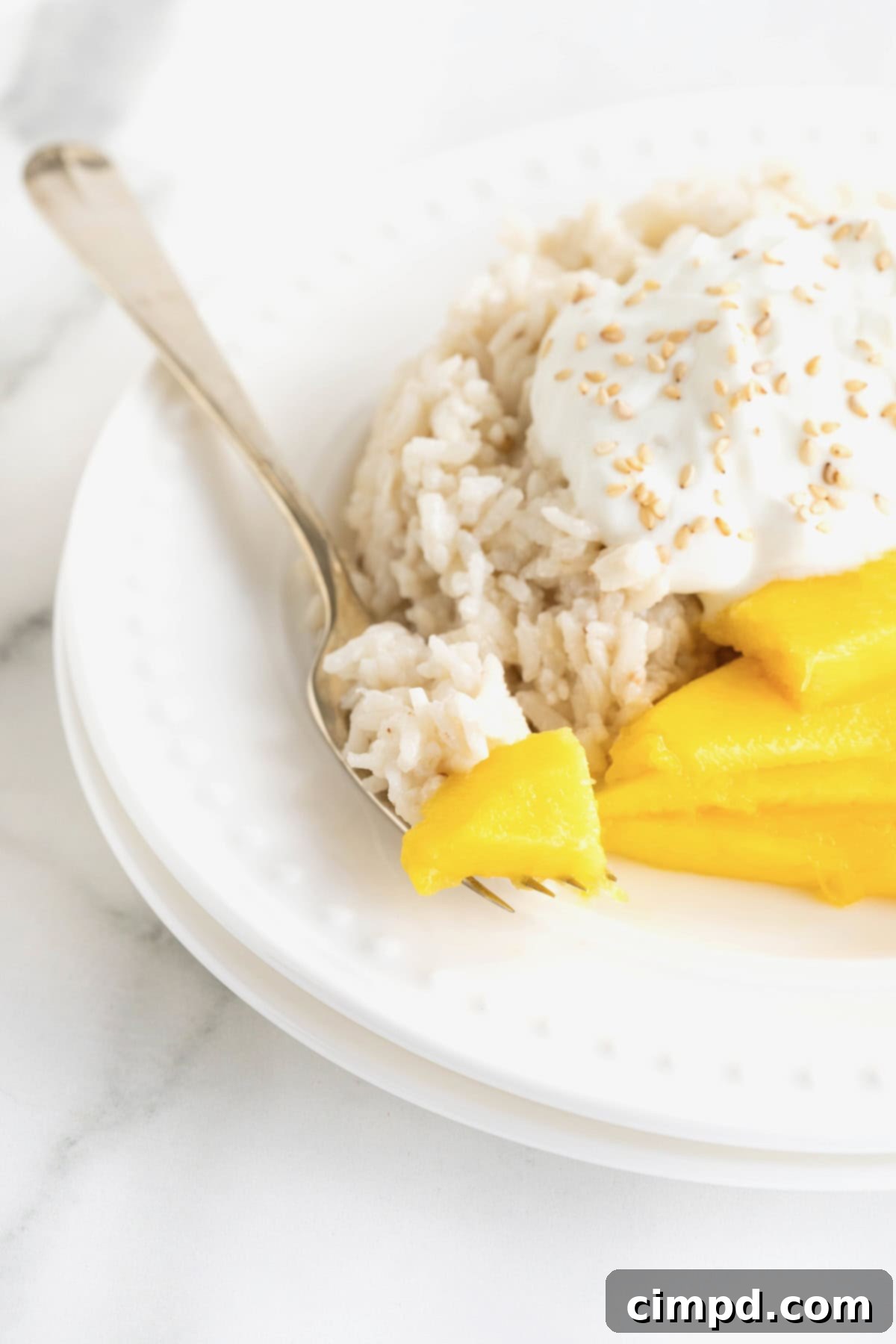 A fork lifts a bite of mango and sticky rice, highlighting the perfect combination of ingredients.